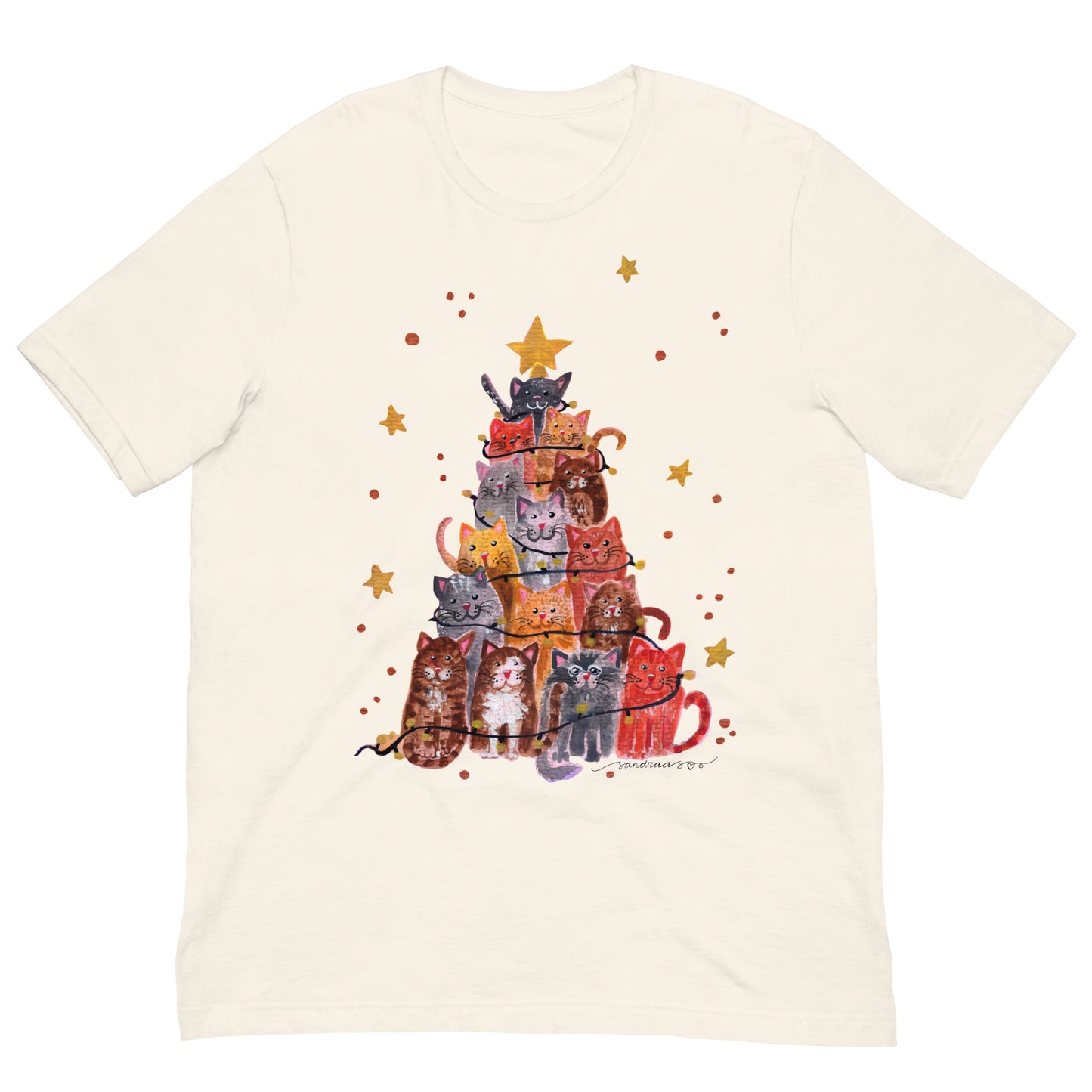 🎄 Christmas Cat Tree T-Shirt – Whimsical Watercolor Cats Stacked as a Christmas Tree 😺🌲✨ Soft & Cozy Holiday Tee - SANDRAAS