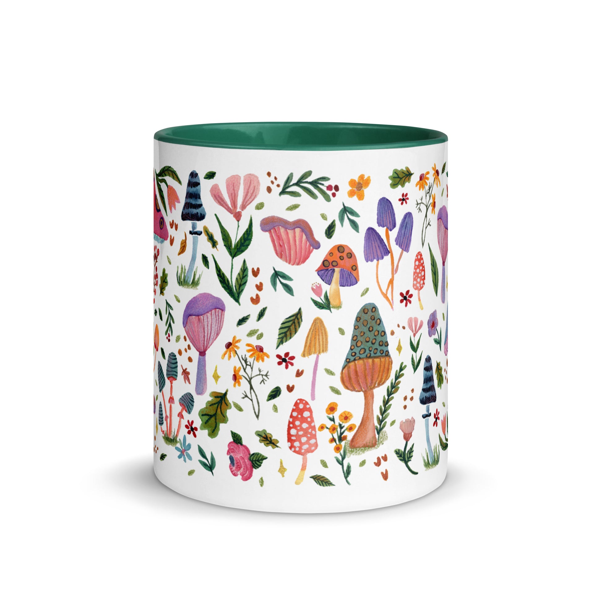 Whimsical Mushroom & Floral Mug • Watercolor Woodland Flowers Coffee Cup with Colorful Interior • Cozy Nature Drinkware - SANDRAAS