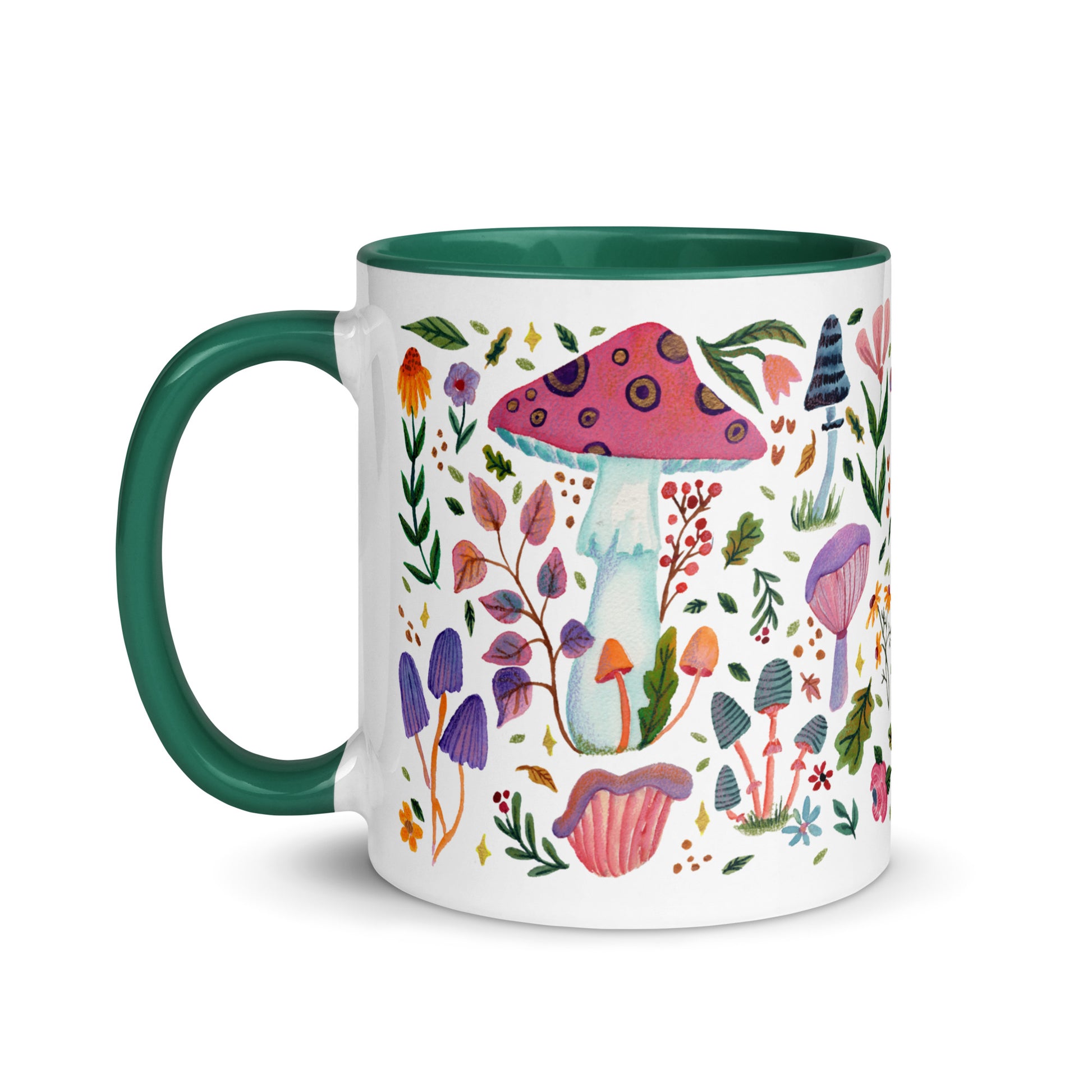 Whimsical Mushroom & Floral Mug • Watercolor Woodland Flowers Coffee Cup with Colorful Interior • Cozy Nature Drinkware - SANDRAAS