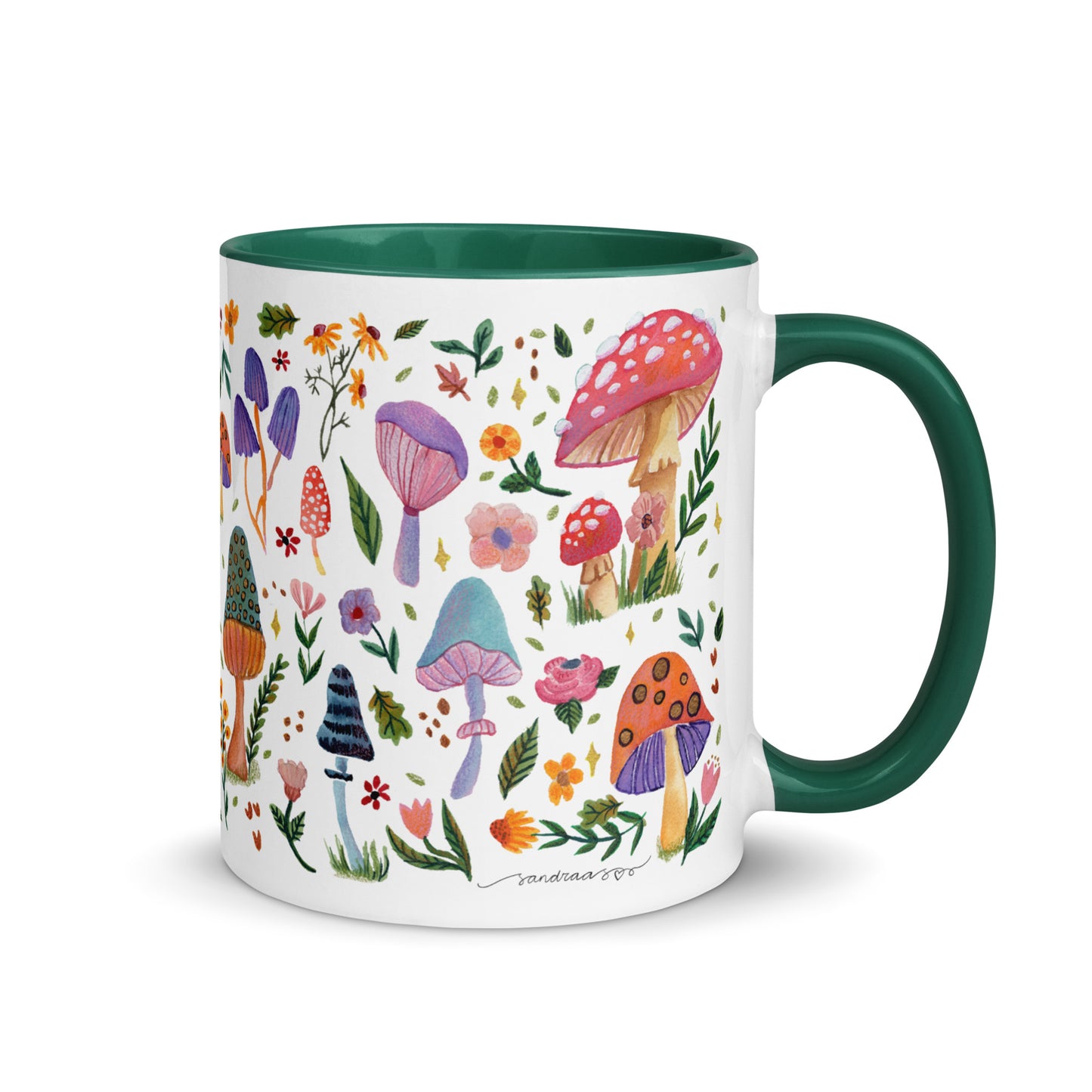 Whimsical Mushroom & Floral Mug • Watercolor Woodland Flowers Coffee Cup with Colorful Interior • Cozy Nature Drinkware - SANDRAAS