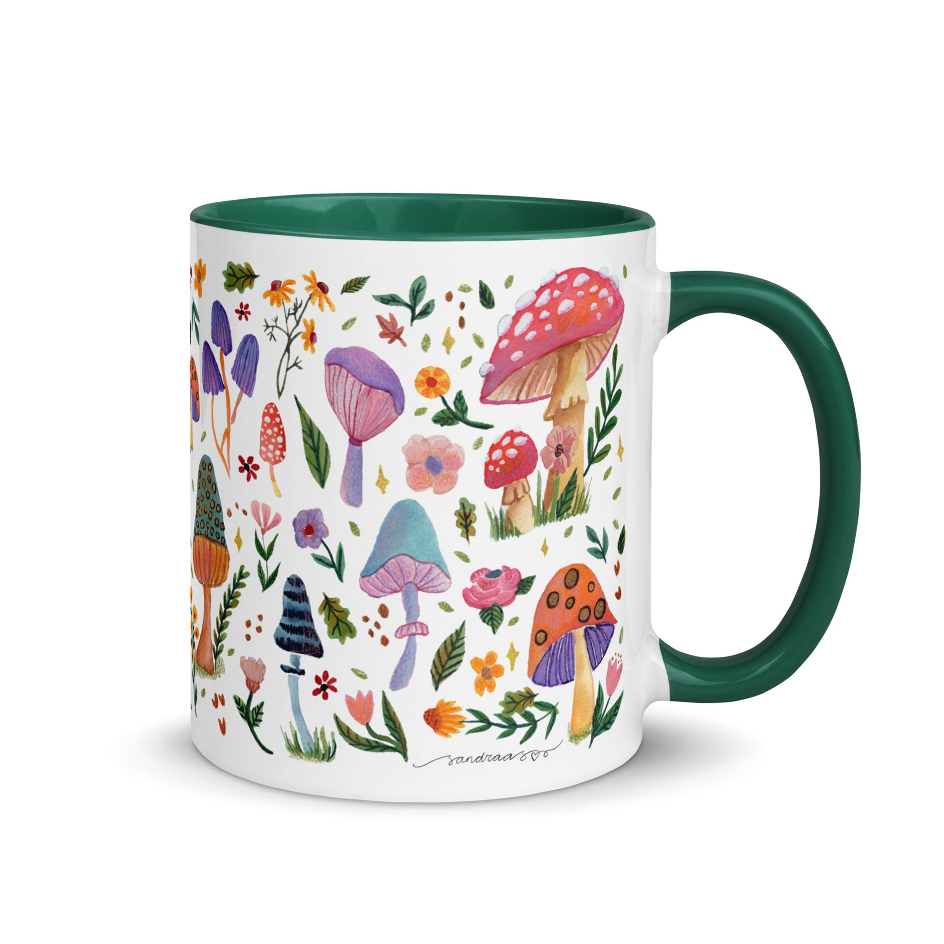 Whimsical Mushroom & Floral Mug • Watercolor Woodland Flowers Coffee Cup with Colorful Interior • Cozy Nature Drinkware - SANDRAAS