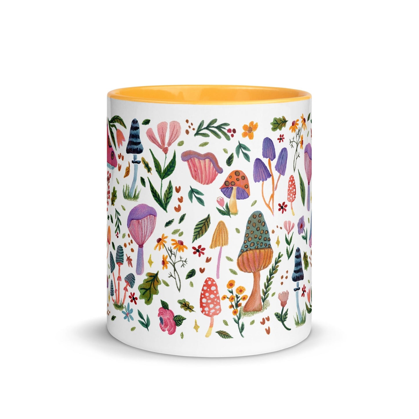 Whimsical Mushroom & Floral Mug • Watercolor Woodland Flowers Coffee Cup with Colorful Interior • Cozy Nature Drinkware - SANDRAAS