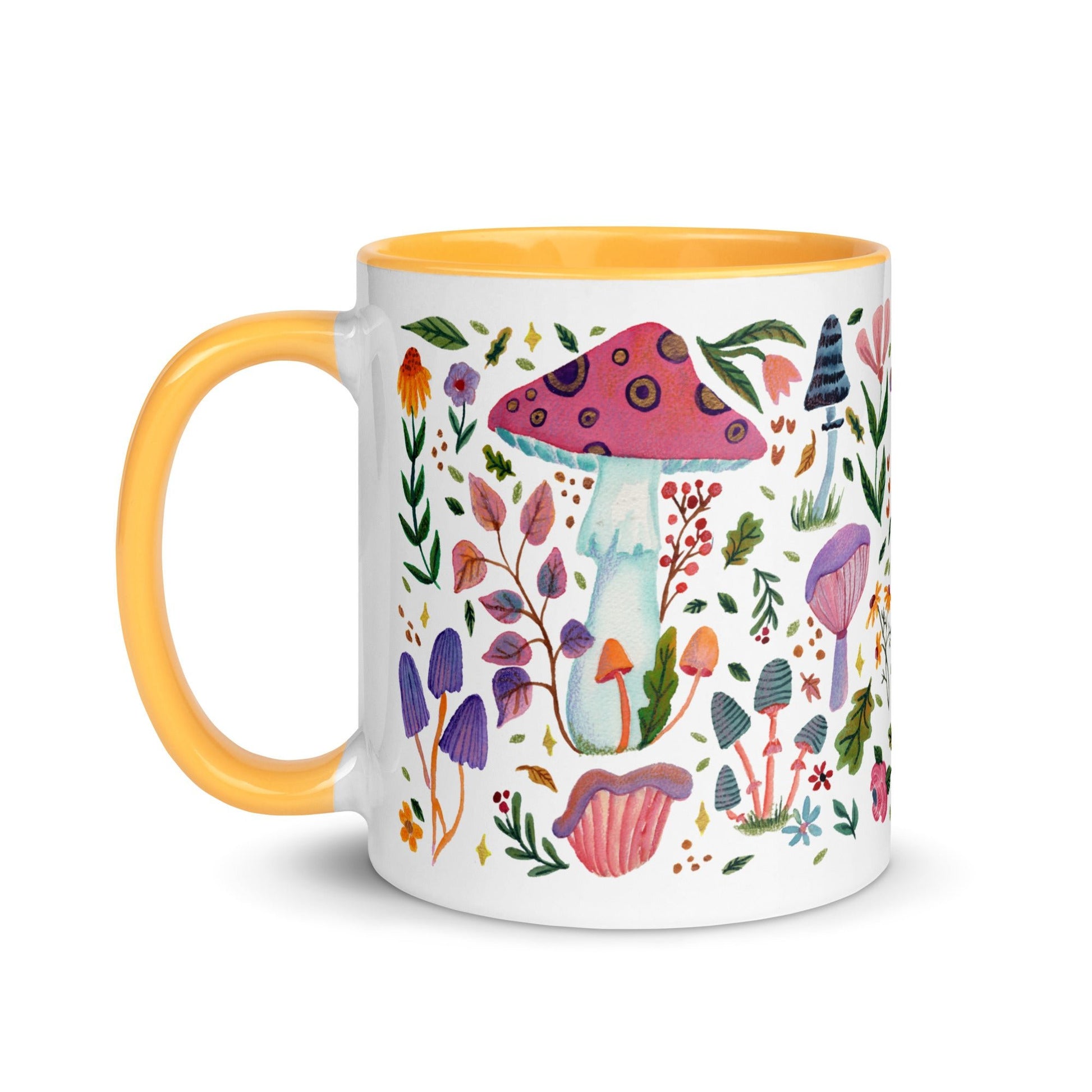 Whimsical Mushroom & Floral Mug • Watercolor Woodland Flowers Coffee Cup with Colorful Interior • Cozy Nature Drinkware - SANDRAAS