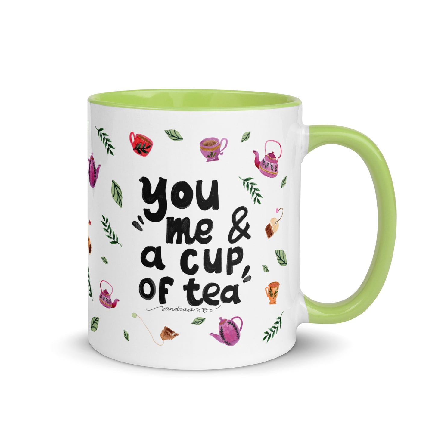 You, Me & a Cup of Tea ☕ | Mug with Cozy Watercolor Teapots & Cups – White Ceramic with Color Inside - SANDRAAS