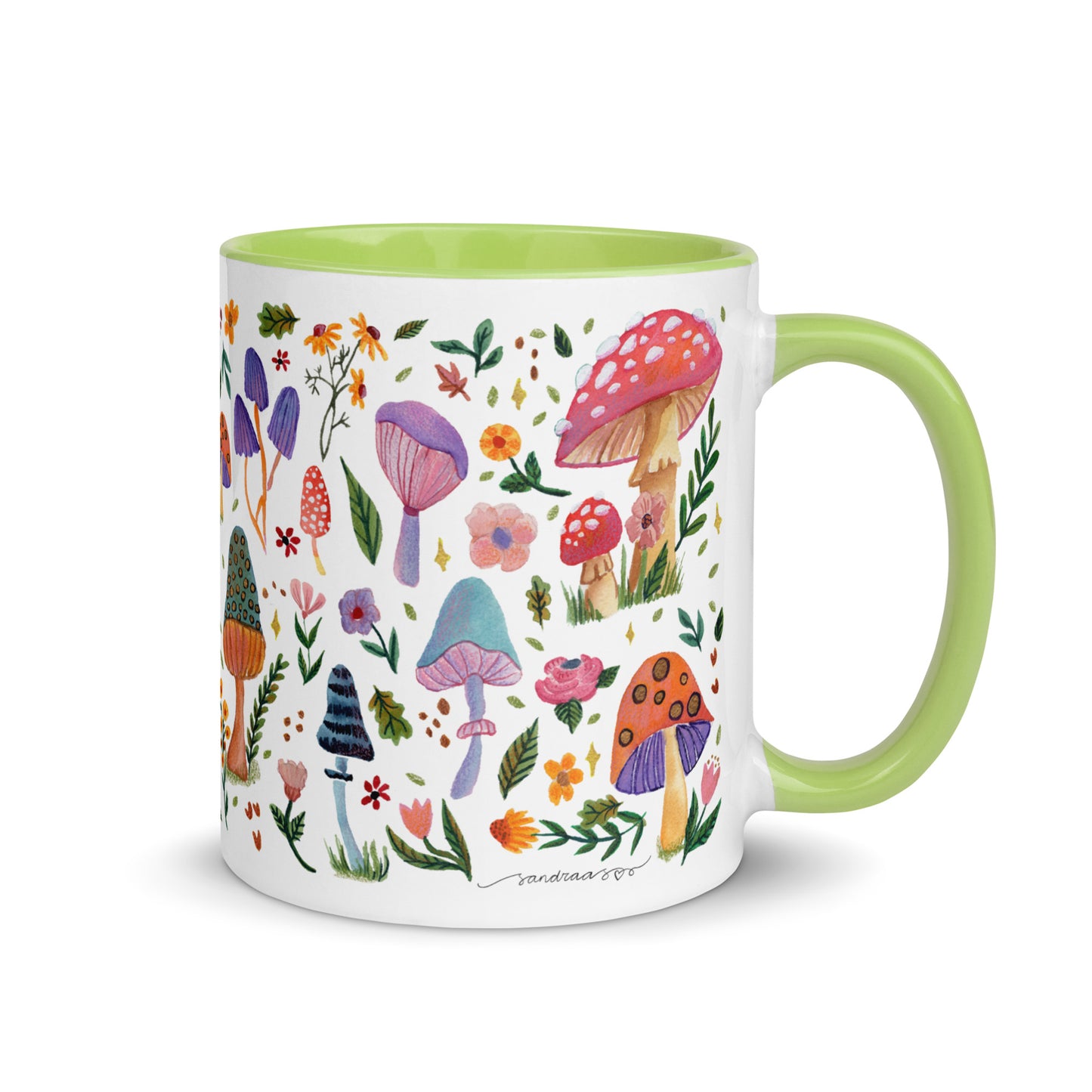 Whimsical Mushroom & Floral Mug • Watercolor Woodland Flowers Coffee Cup with Colorful Interior • Cozy Nature Drinkware - SANDRAAS