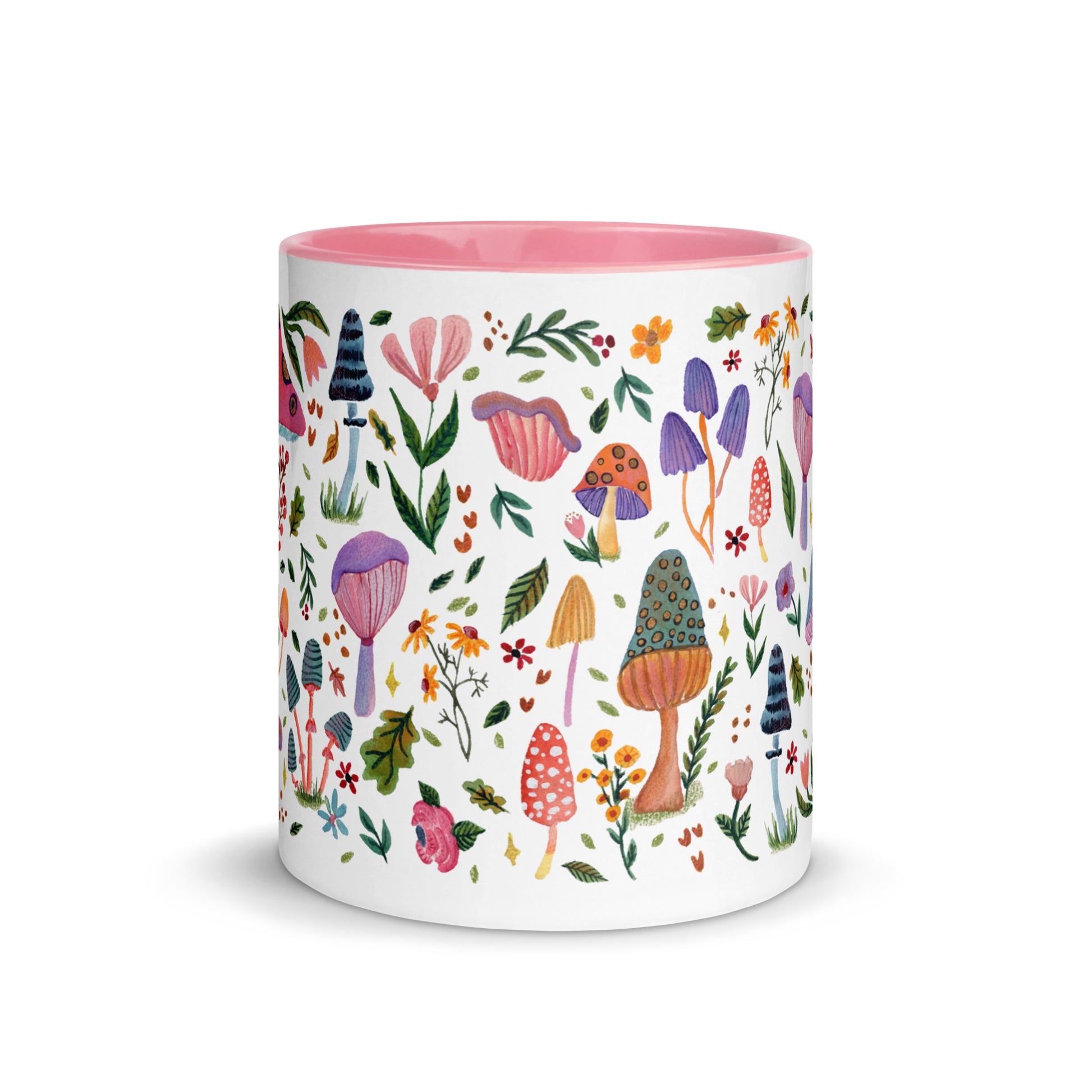 Whimsical Mushroom & Floral Mug • Watercolor Woodland Flowers Coffee Cup with Colorful Interior • Cozy Nature Drinkware - SANDRAAS