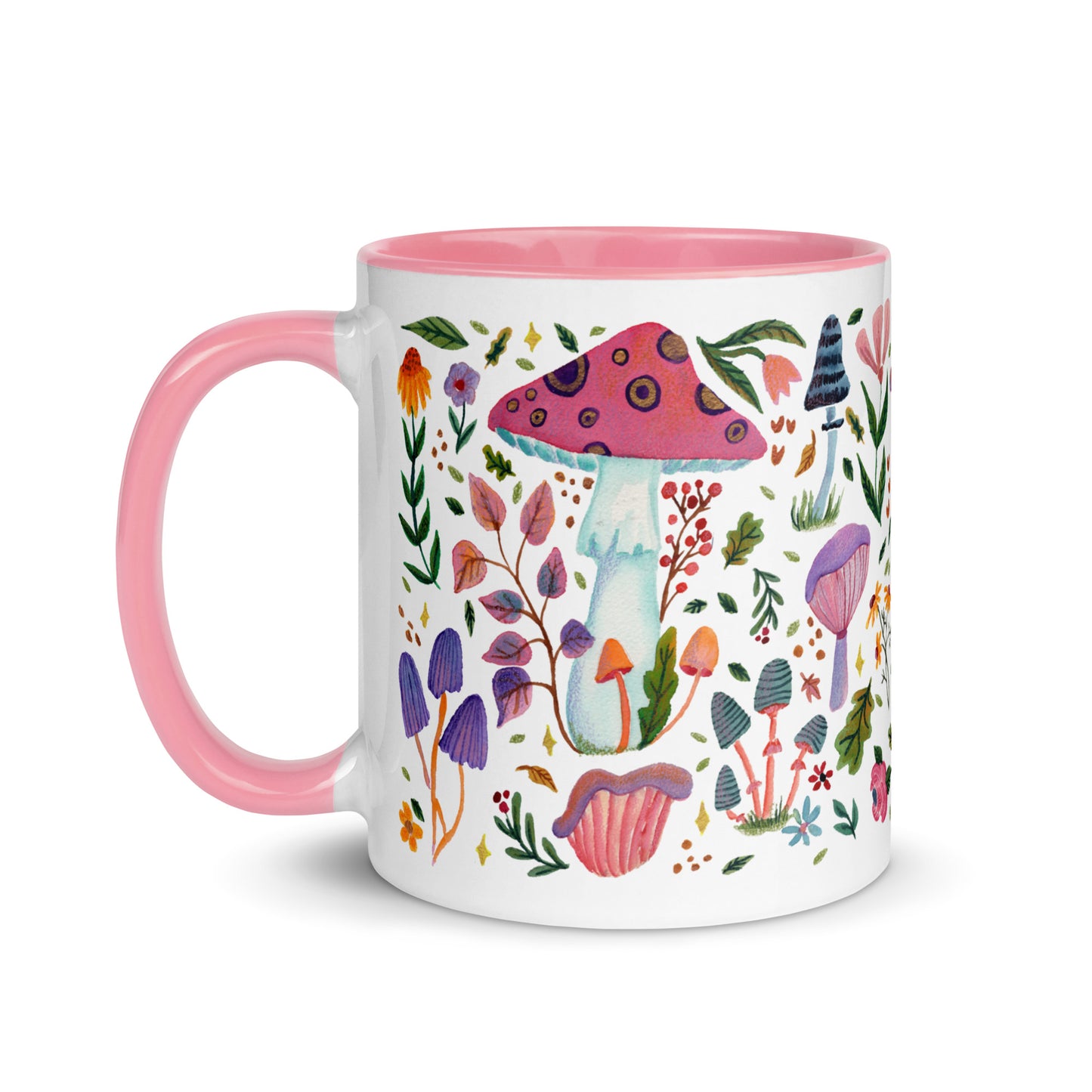 Whimsical Mushroom & Floral Mug • Watercolor Woodland Flowers Coffee Cup with Colorful Interior • Cozy Nature Drinkware - SANDRAAS