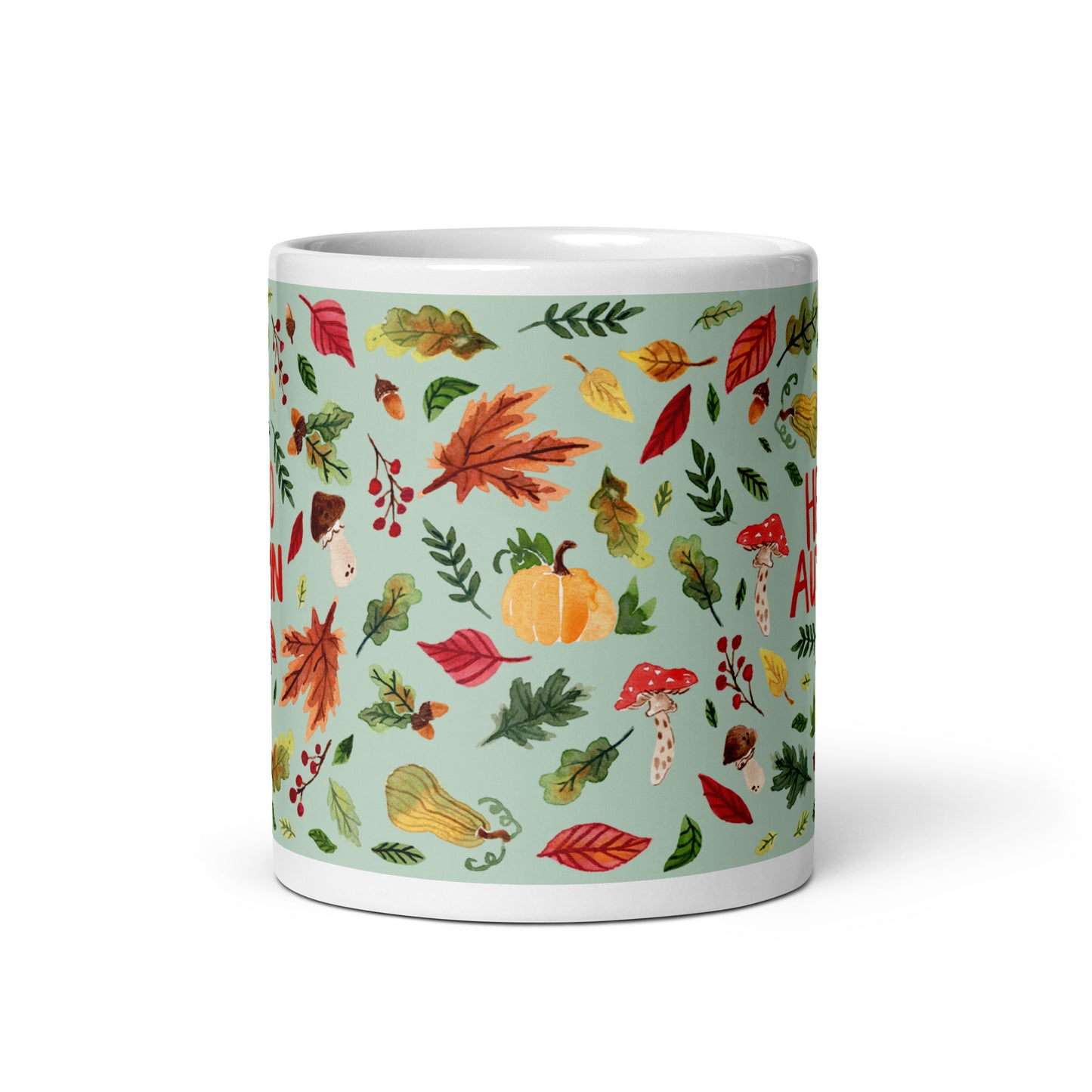 White glossy mug - Hello Autumn - Green