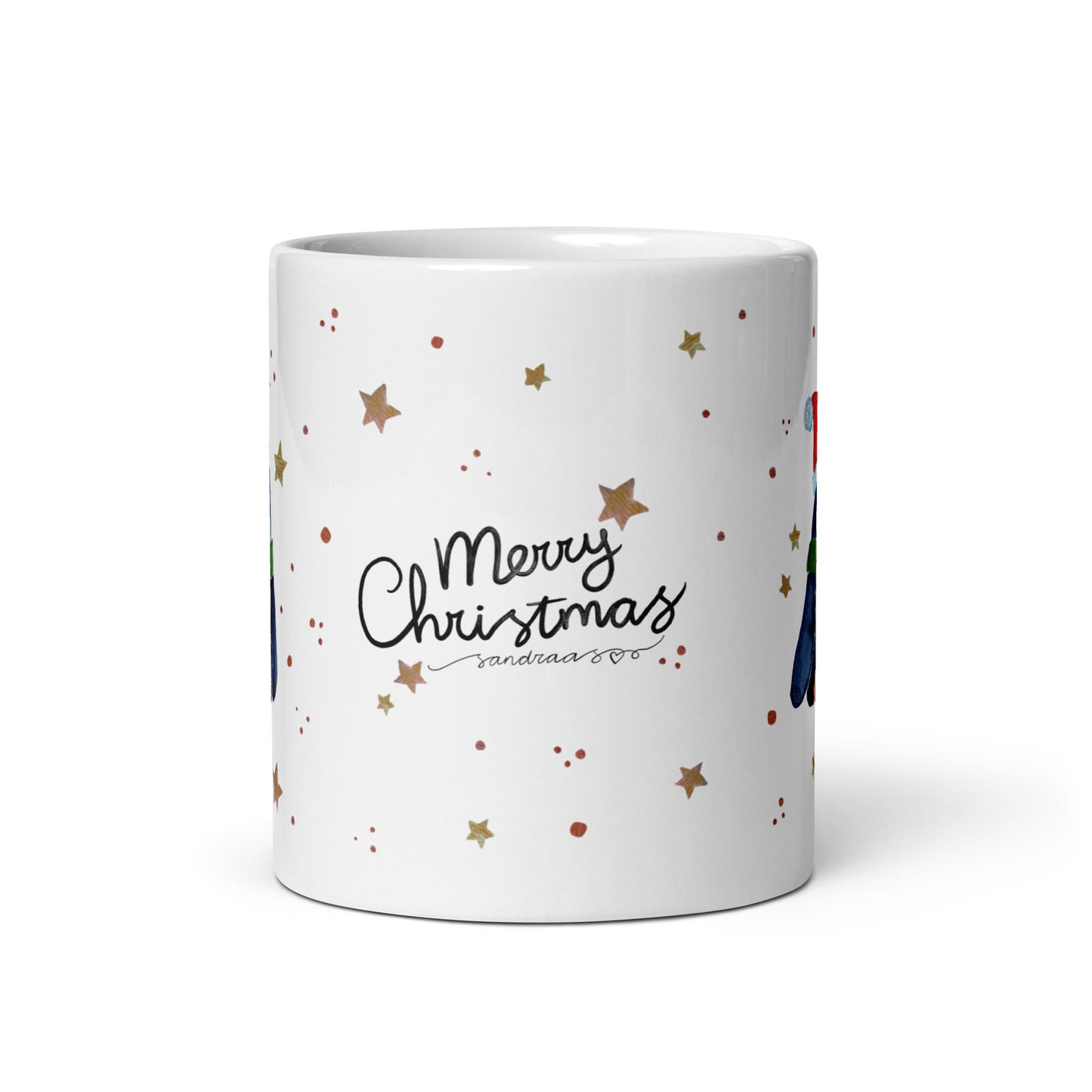 🎄 Merry Christmas Penguin Mug – Whimsical Watercolor Penguin in Green Scarf & Santa Hat 🐧✨ Glossy Ceramic Holiday Mug - SANDRAAS