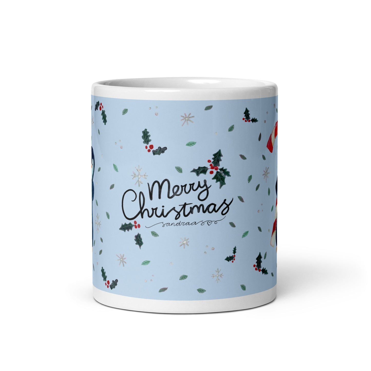 🎄 Merry Christmas Penguin Mug – Whimsical Watercolor Penguin Holding a Candy Cane 🐧🍬✨ Glossy Ceramic Holiday Mug (Light Blue Background) - SANDRAAS