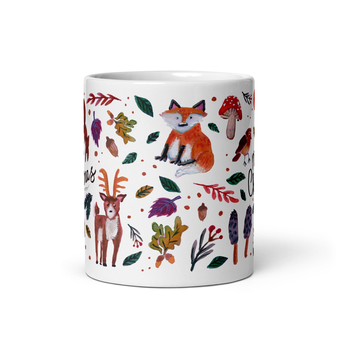 🎄 Merry Christmas Woodland Mug – Whimsical Watercolor Forest Animals, Leaves & Mushrooms 🍄🦌✨ Glossy Ceramic Holiday Mug - SANDRAAS