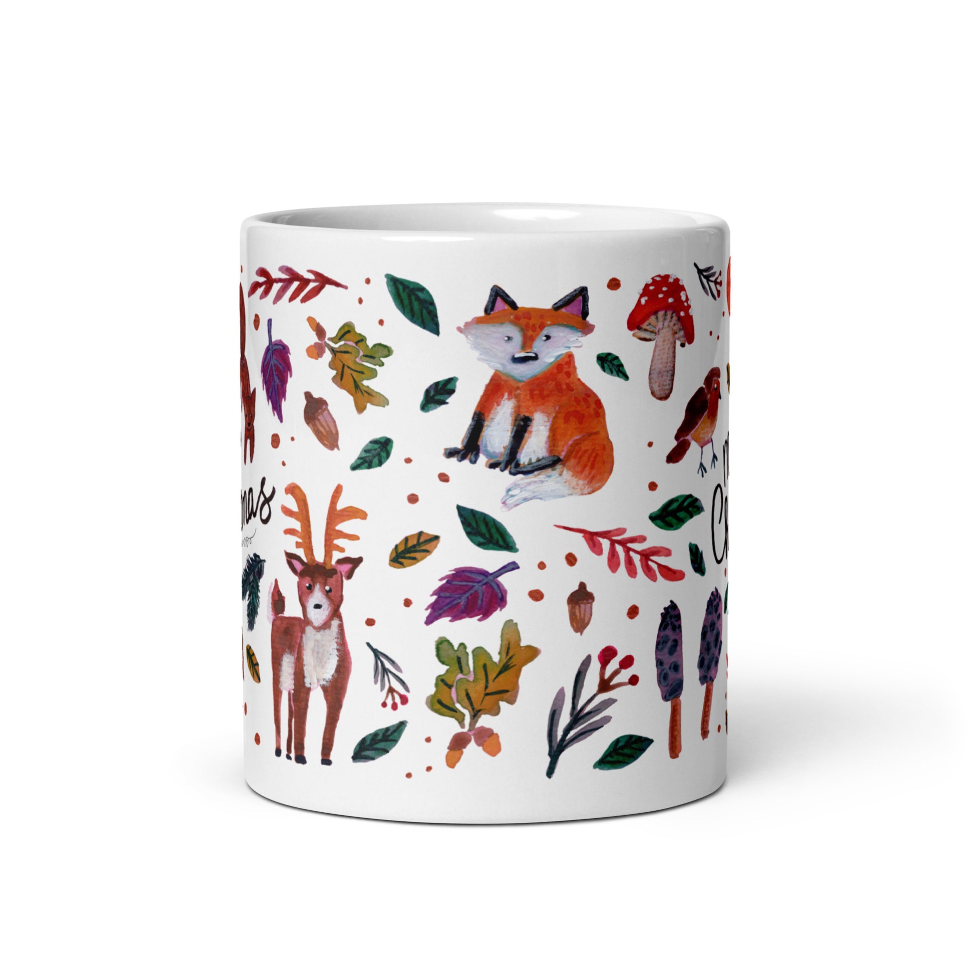 🎄 Merry Christmas Woodland Mug – Whimsical Watercolor Forest Animals, Leaves & Mushrooms 🍄🦌✨ Glossy Ceramic Holiday Mug - SANDRAAS