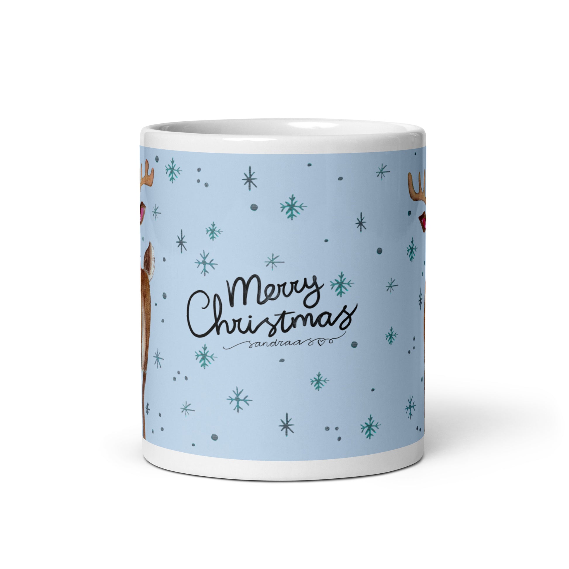 🎄 Merry Christmas Deer Mug – Whimsical Watercolor Deer in Cozy Shawl on Blue Background 🦌💙✨ Glossy Ceramic Holiday Mug - SANDRAAS