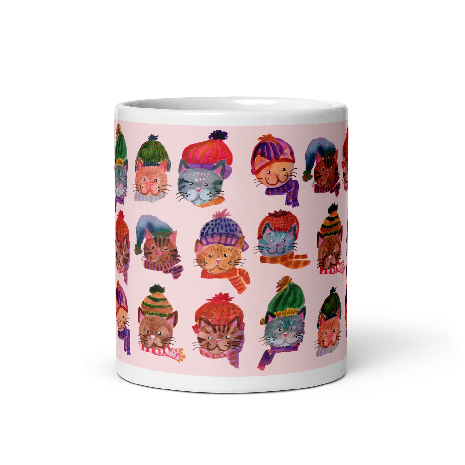 🎀 Cozy Cat Heads Mug – Whimsical Watercolor Cats in Knitted Hats & Scarves 🐱🧣✨ Pink Background | Glossy Ceramic Mug - SANDRAAS