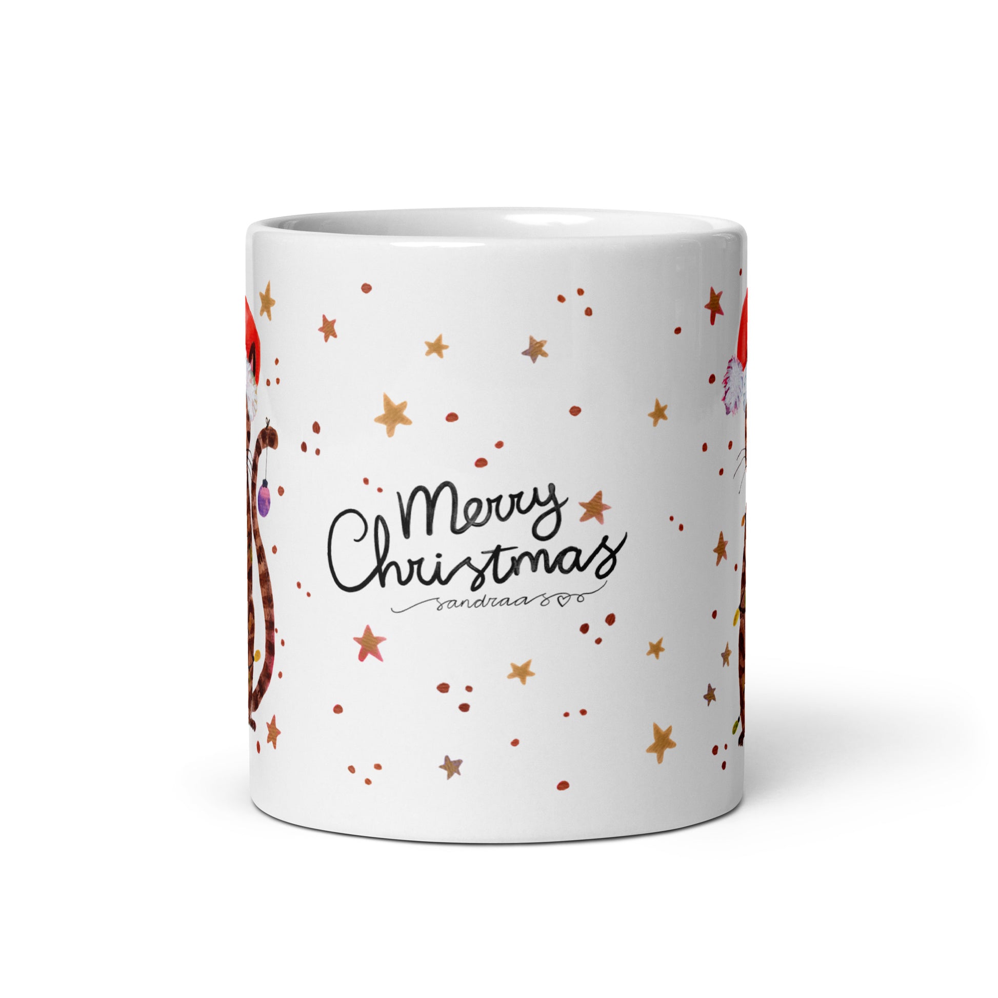 🎄 Merry Christmas Cat Mug – Whimsical Watercolor Cat in Santa Hat Wrapped in Christmas Lights 🐱✨ Glossy Ceramic Holiday Mug - SANDRAAS