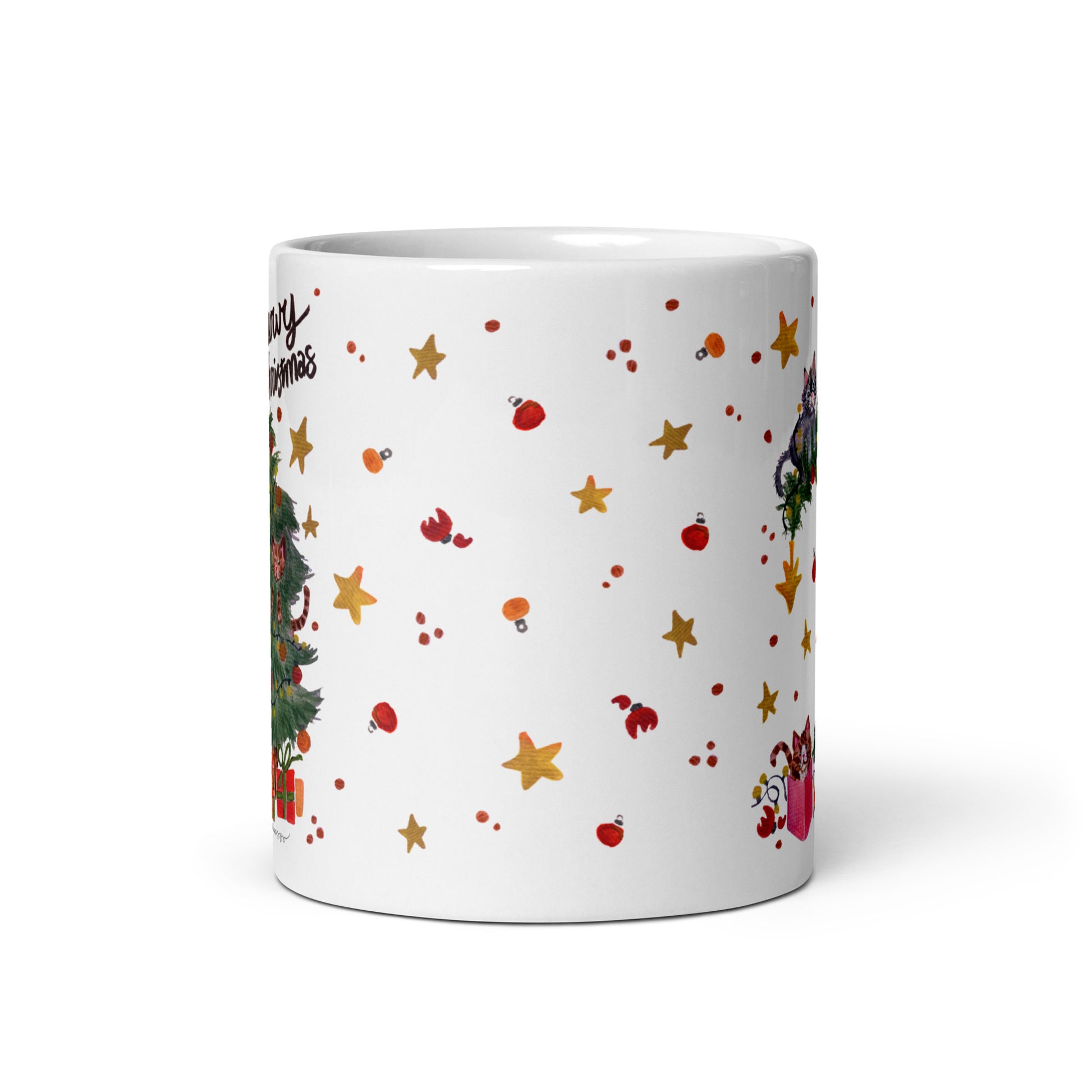 🎄 Meowy Christmas Cat Mug – Whimsical Watercolor Cats Playing in the Christmas Tree 😺🌲✨ Glossy Ceramic Holiday Mug - SANDRAAS