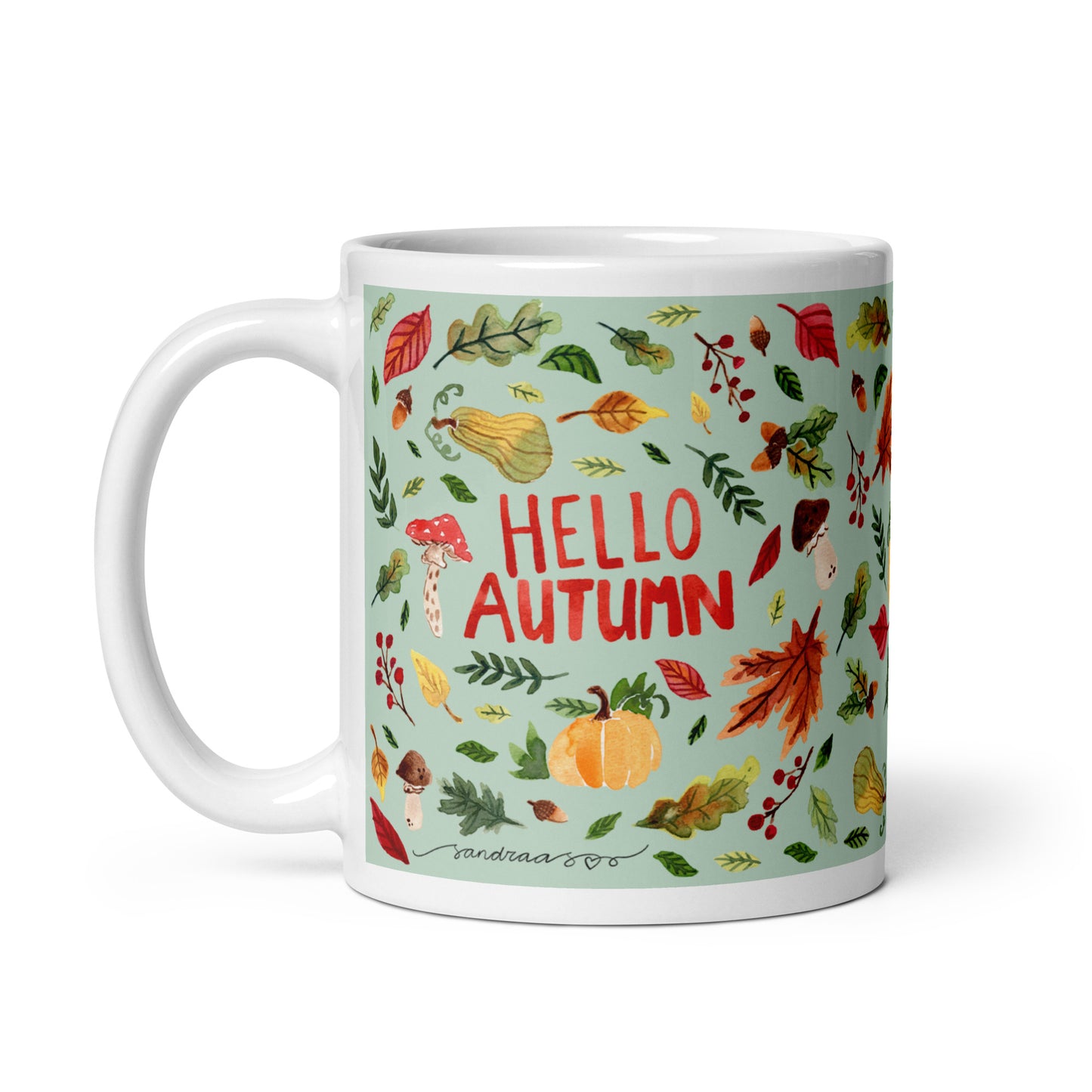 White glossy mug - Hello Autumn - Green