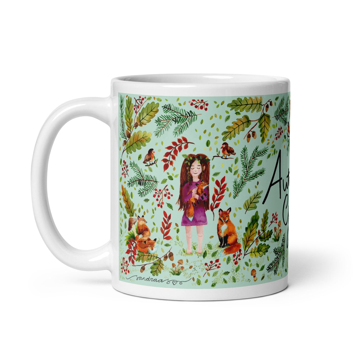 White glossy mug - Autumn Girl - Green