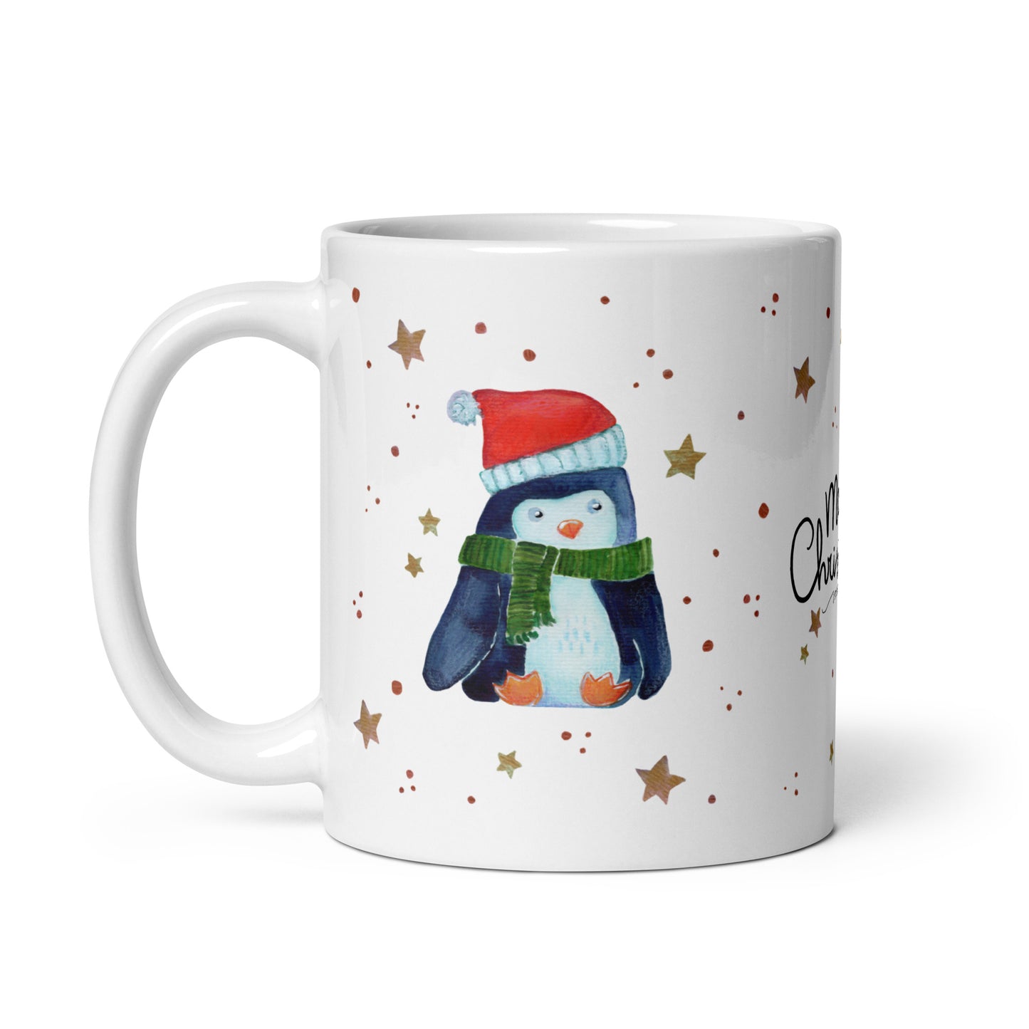 🎄 Merry Christmas Penguin Mug – Whimsical Watercolor Penguin in Green Scarf & Santa Hat 🐧✨ Glossy Ceramic Holiday Mug - SANDRAAS