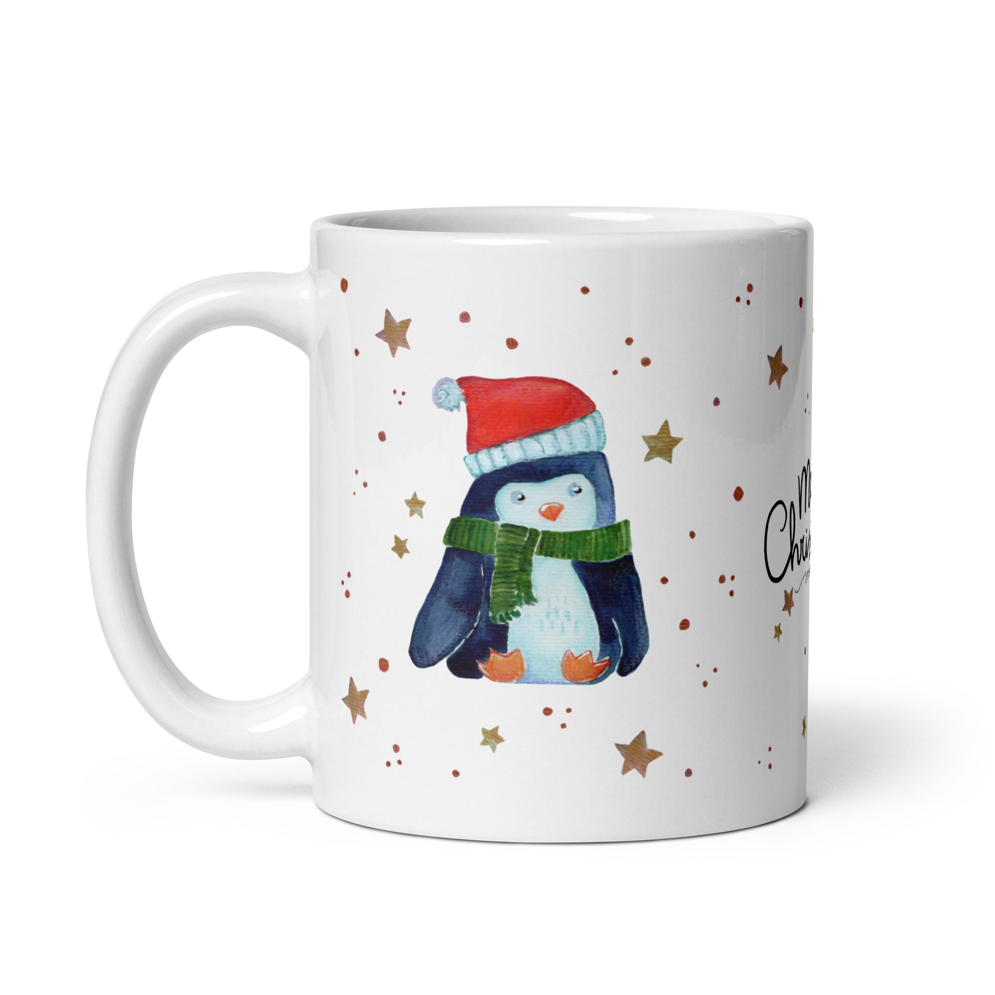 🎄 Merry Christmas Penguin Mug – Whimsical Watercolor Penguin in Green Scarf & Santa Hat 🐧✨ Glossy Ceramic Holiday Mug - SANDRAAS
