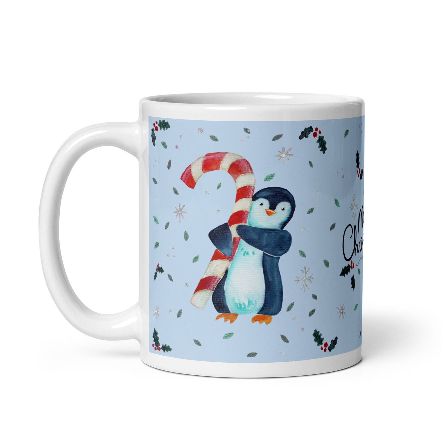 🎄 Merry Christmas Penguin Mug – Whimsical Watercolor Penguin Holding a Candy Cane 🐧🍬✨ Glossy Ceramic Holiday Mug (Light Blue Background) - SANDRAAS