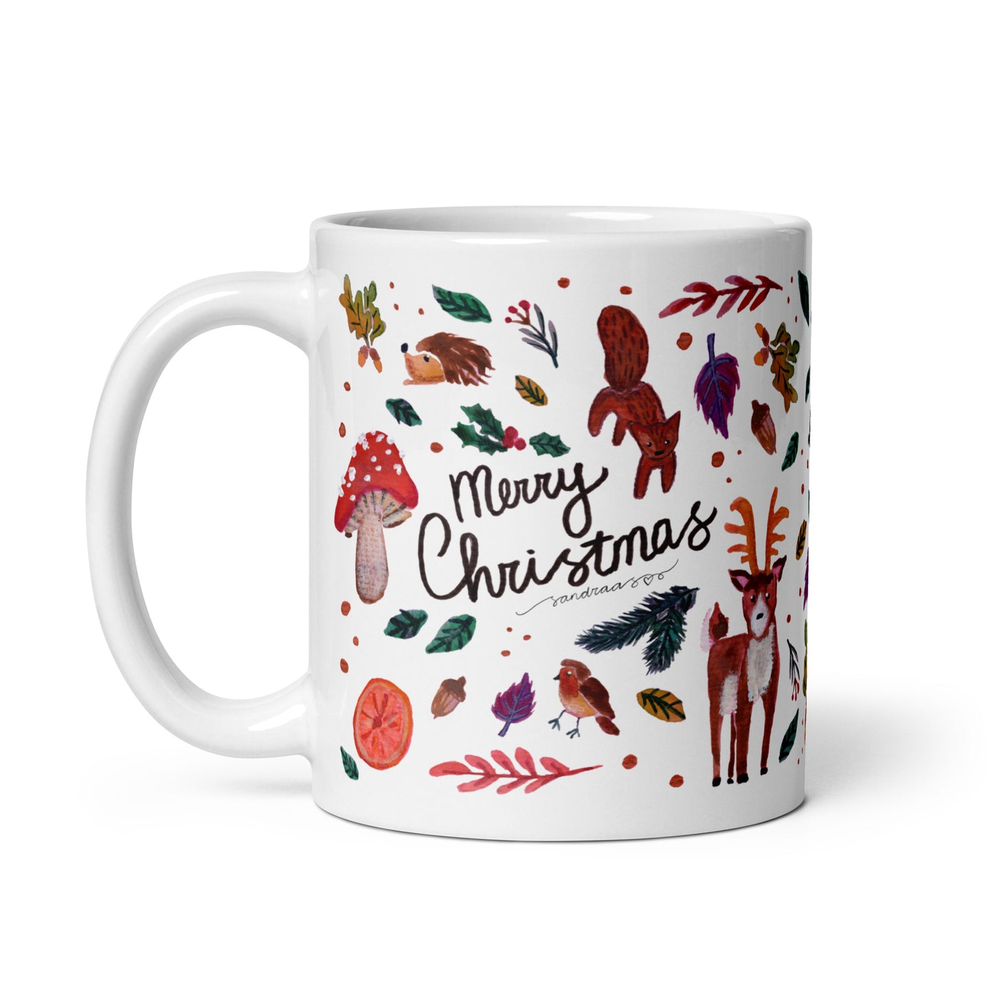 🎄 Merry Christmas Woodland Mug – Whimsical Watercolor Forest Animals, Leaves & Mushrooms 🍄🦌✨ Glossy Ceramic Holiday Mug - SANDRAAS
