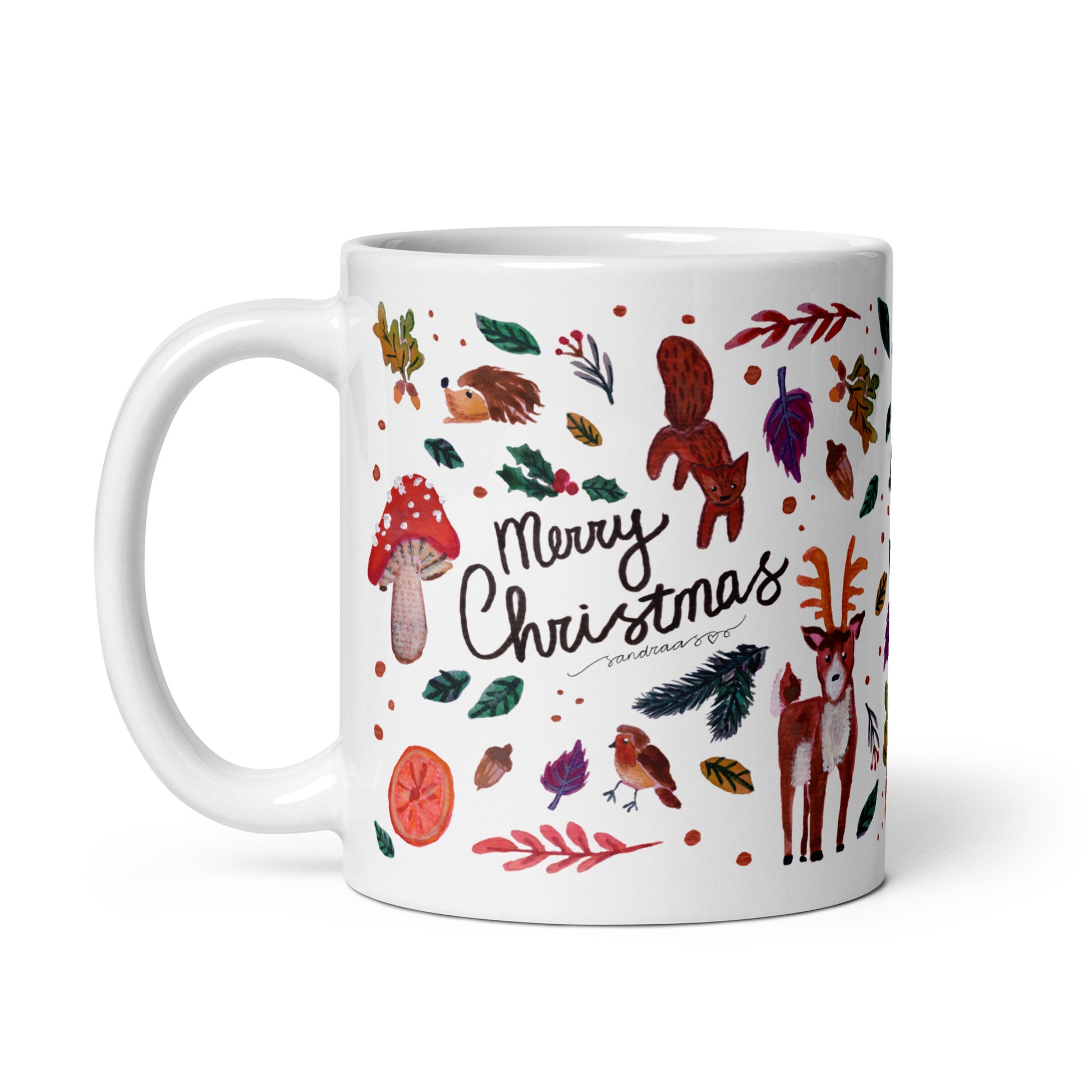 🎄 Merry Christmas Woodland Mug – Whimsical Watercolor Forest Animals, Leaves & Mushrooms 🍄🦌✨ Glossy Ceramic Holiday Mug - SANDRAAS