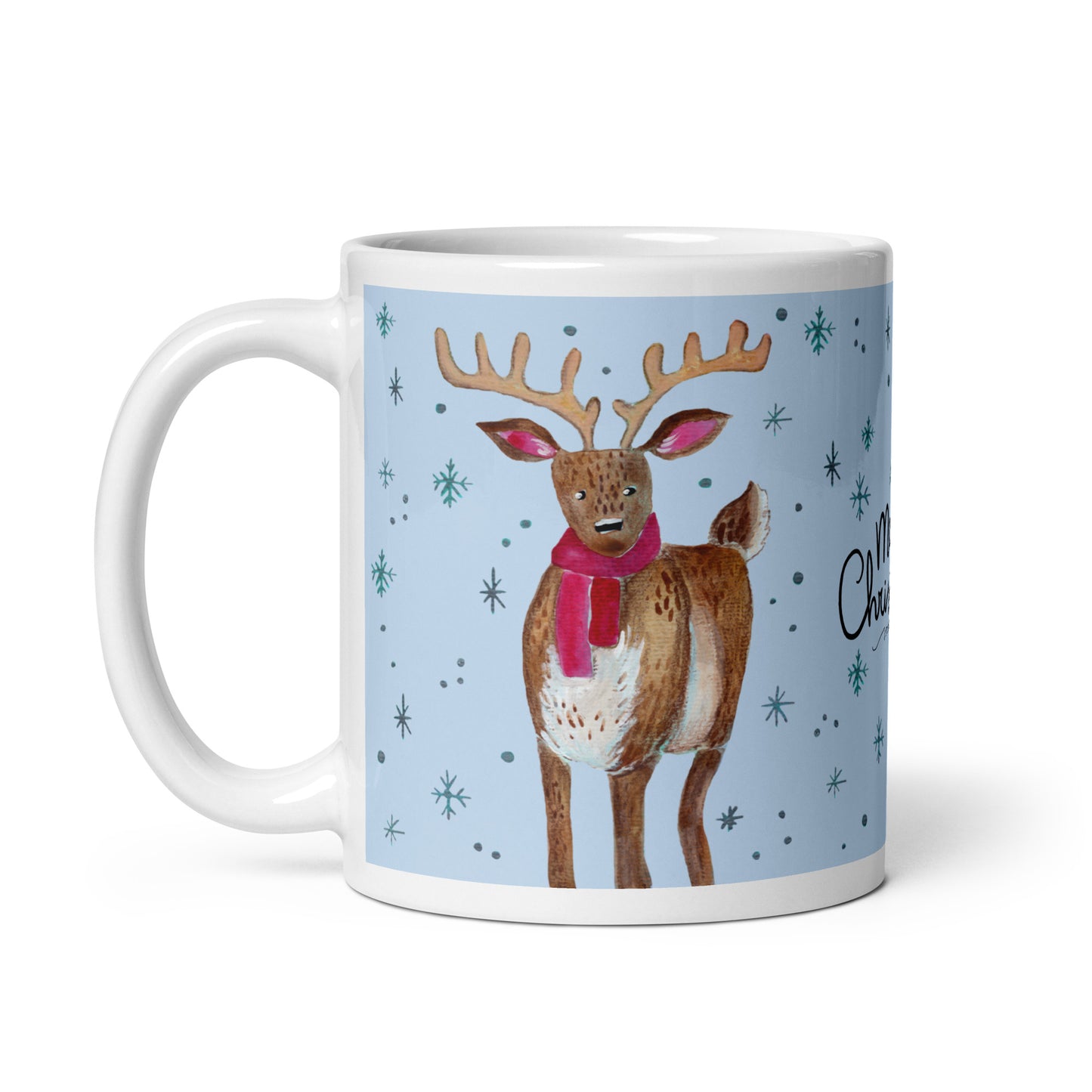 🎄 Merry Christmas Deer Mug – Whimsical Watercolor Deer in Cozy Shawl on Blue Background 🦌💙✨ Glossy Ceramic Holiday Mug - SANDRAAS