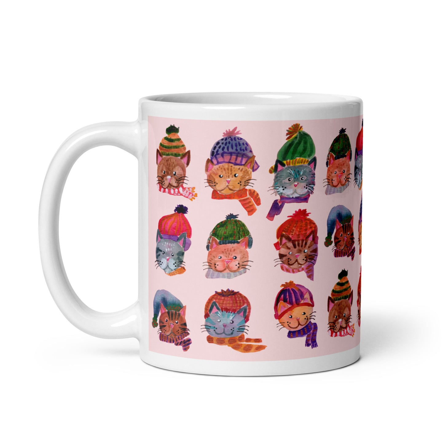 🎀 Cozy Cat Heads Mug – Whimsical Watercolor Cats in Knitted Hats & Scarves 🐱🧣✨ Pink Background | Glossy Ceramic Mug - SANDRAAS