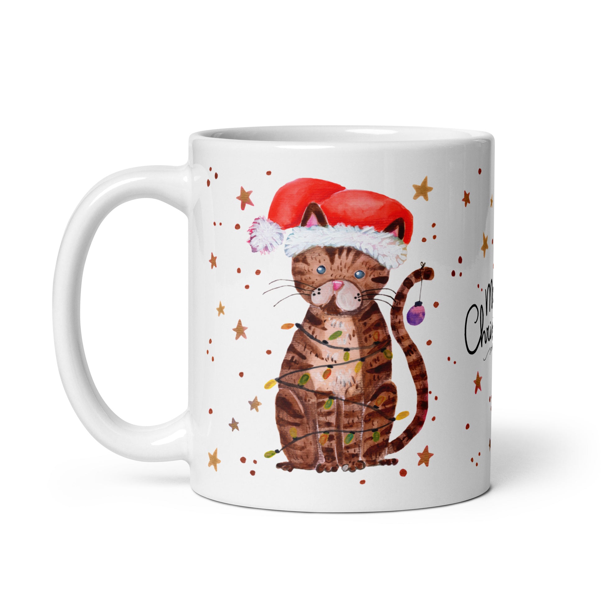 🎄 Merry Christmas Cat Mug – Whimsical Watercolor Cat in Santa Hat Wrapped in Christmas Lights 🐱✨ Glossy Ceramic Holiday Mug - SANDRAAS