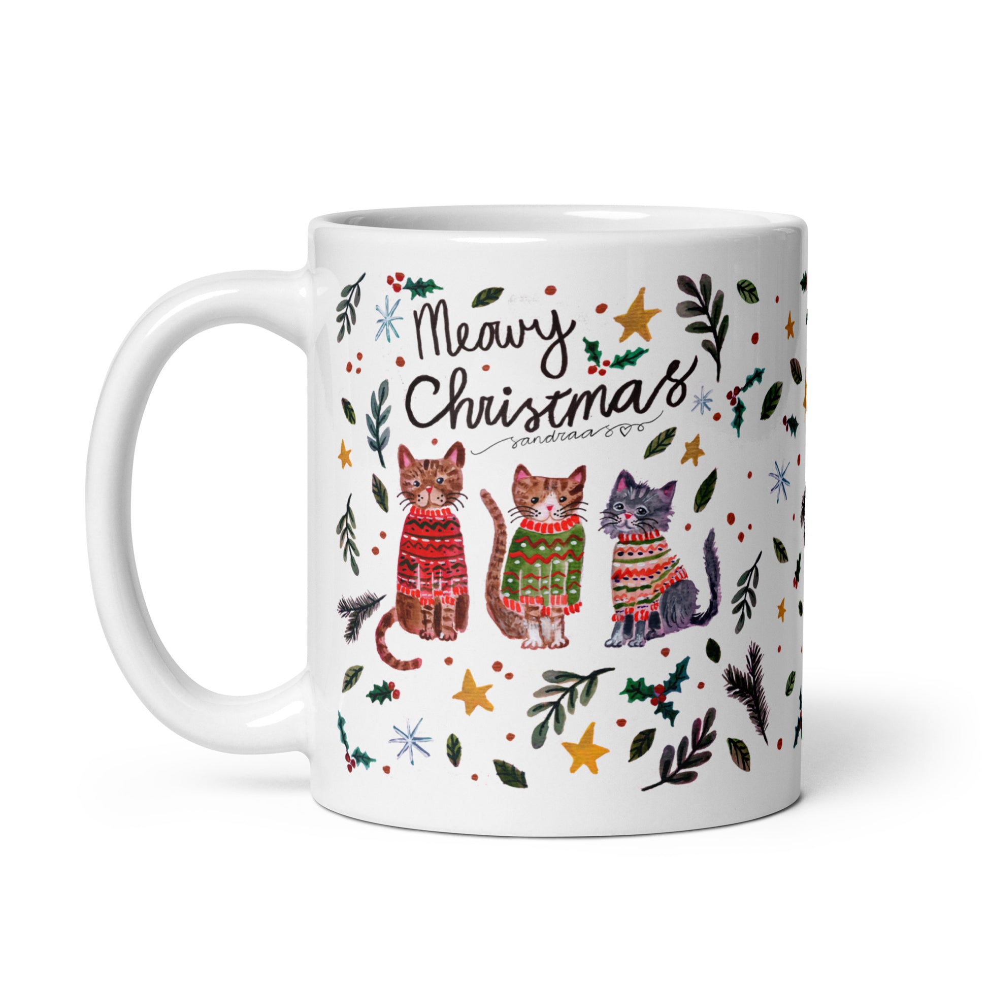 🎄 Meowy Christmas Cat Mug – Whimsical Watercolor Cats in Christmas Sweaters & Gift Boxes 😺🎁✨ Glossy Ceramic Holiday Mug - SANDRAAS