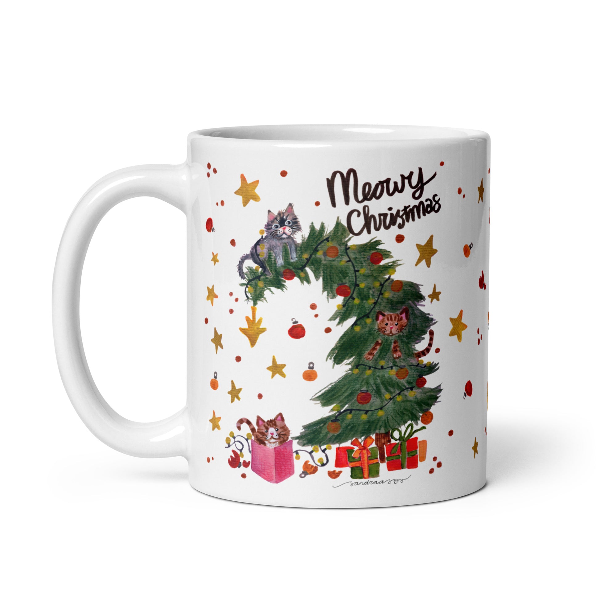 🎄 Meowy Christmas Cat Mug – Whimsical Watercolor Cats Playing in the Christmas Tree 😺🌲✨ Glossy Ceramic Holiday Mug - SANDRAAS