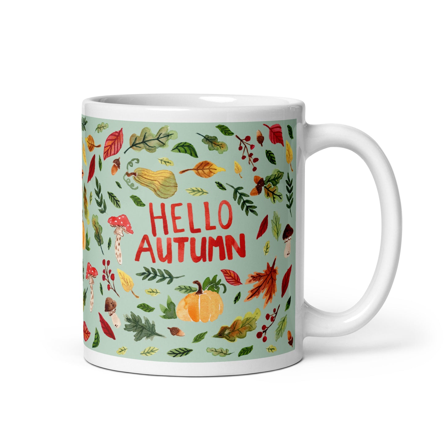 White glossy mug - Hello Autumn - Green