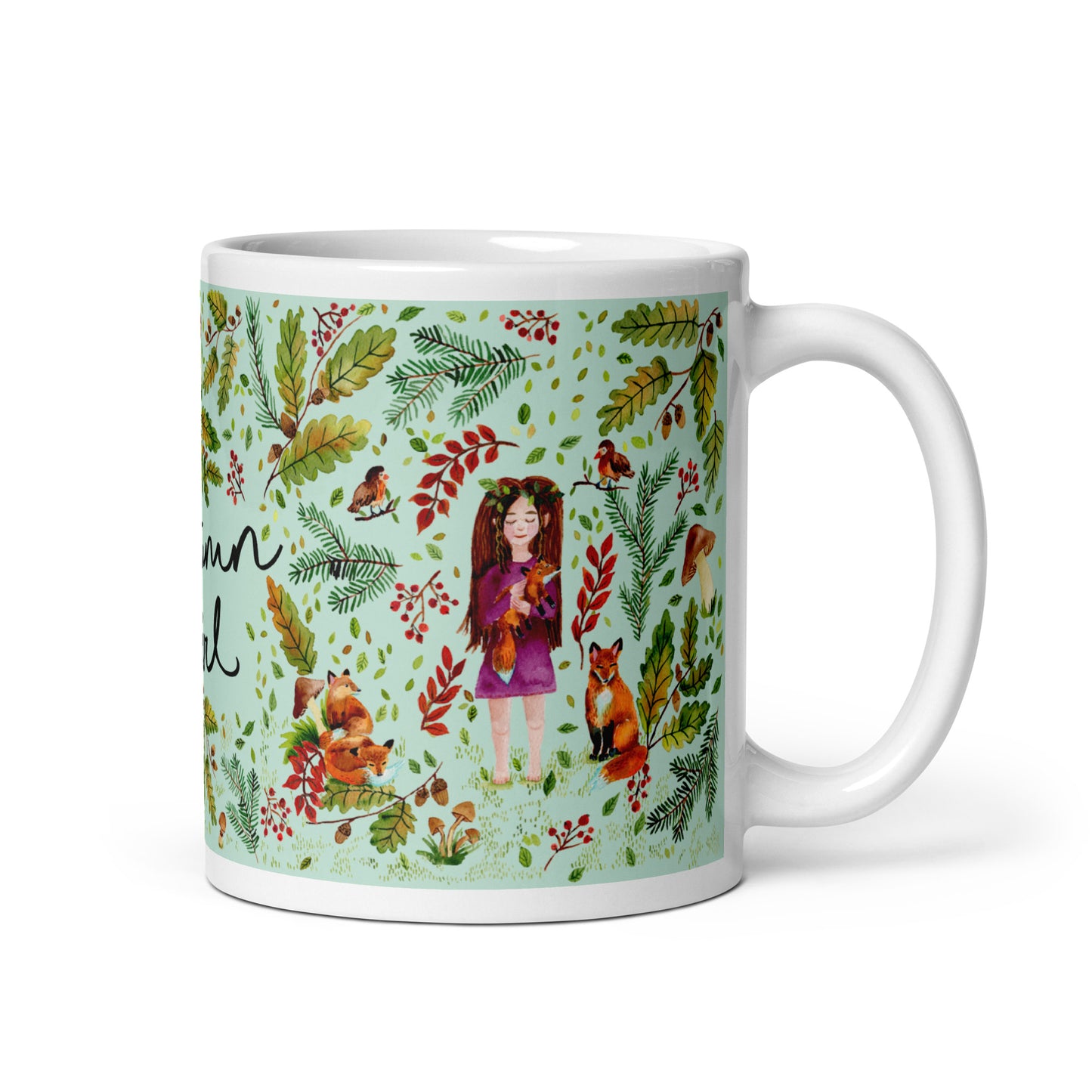 White glossy mug - Autumn Girl - Green