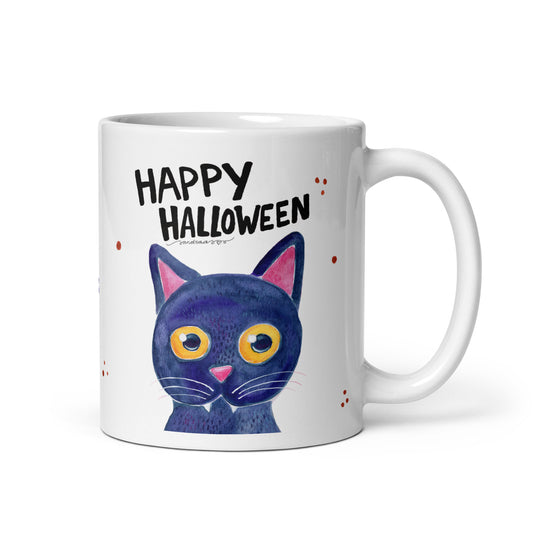 White glossy mug - Happy Halloween - Black Cat