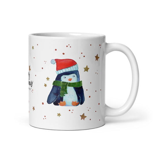 🎄 Merry Christmas Penguin Mug – Whimsical Watercolor Penguin in Green Scarf & Santa Hat 🐧✨ Glossy Ceramic Holiday Mug - SANDRAAS