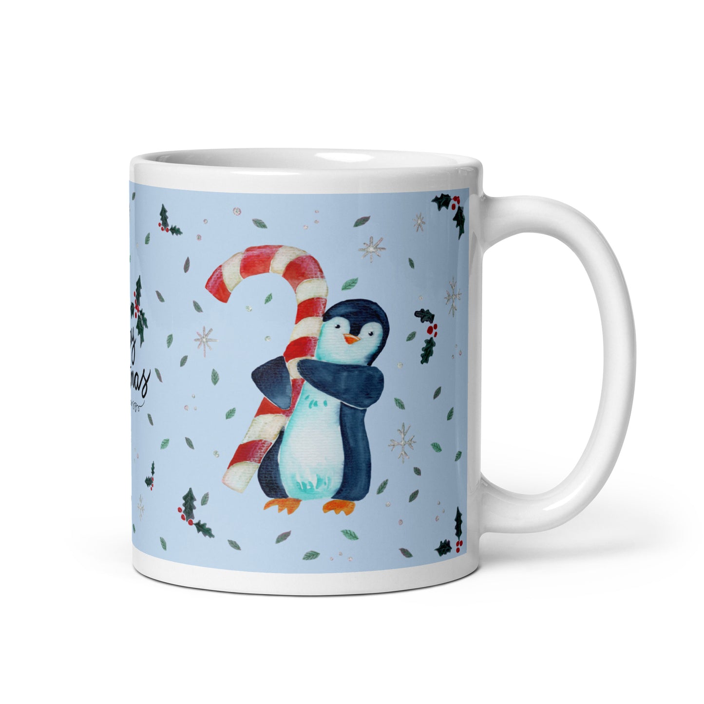 🎄 Merry Christmas Penguin Mug – Whimsical Watercolor Penguin Holding a Candy Cane 🐧🍬✨ Glossy Ceramic Holiday Mug (Light Blue Background) - SANDRAAS