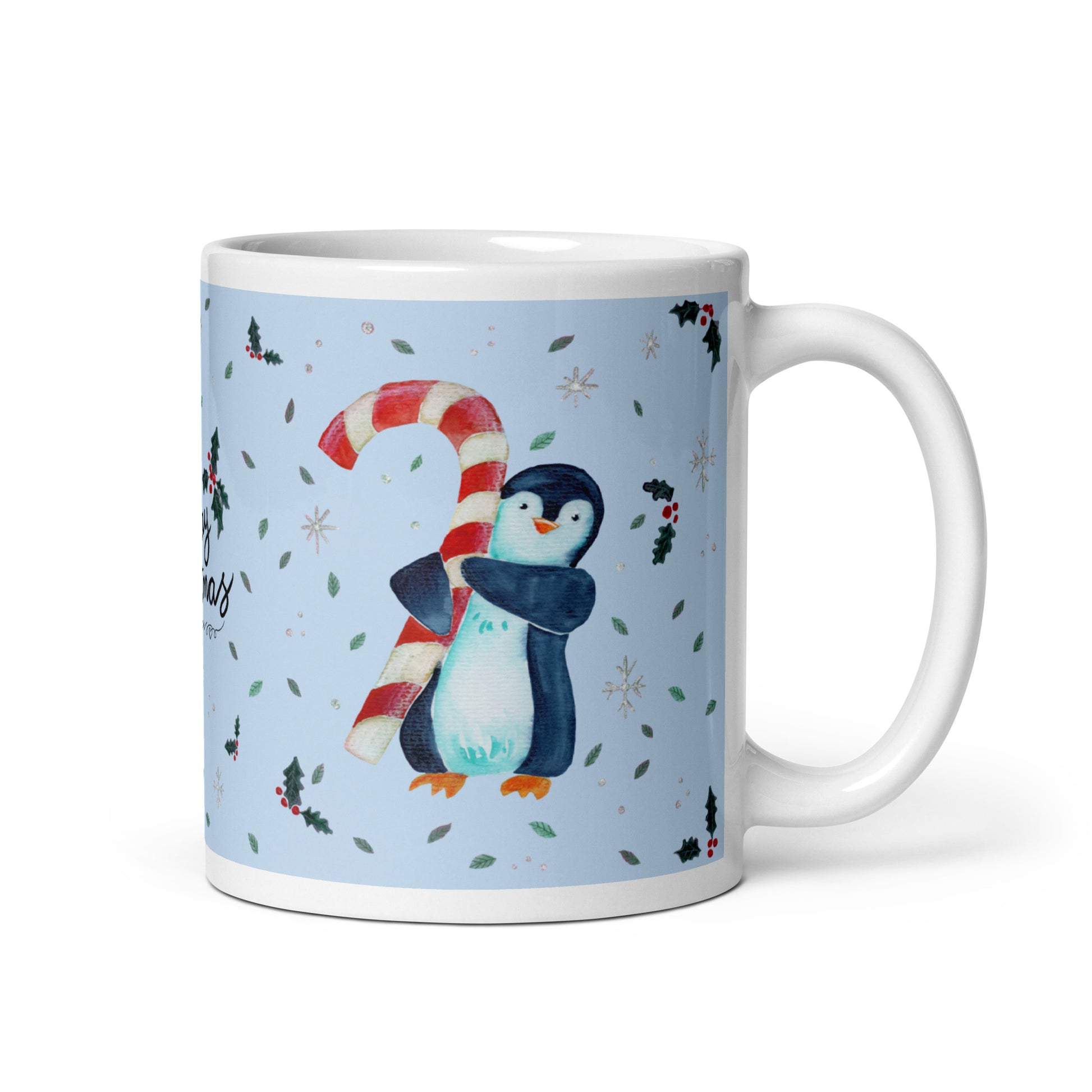 🎄 Merry Christmas Penguin Mug – Whimsical Watercolor Penguin Holding a Candy Cane 🐧🍬✨ Glossy Ceramic Holiday Mug (Light Blue Background) - SANDRAAS