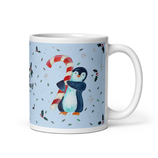 🎄 Merry Christmas Penguin Mug – Whimsical Watercolor Penguin Holding a Candy Cane 🐧🍬✨ Glossy Ceramic Holiday Mug (Light Blue Background) - SANDRAAS