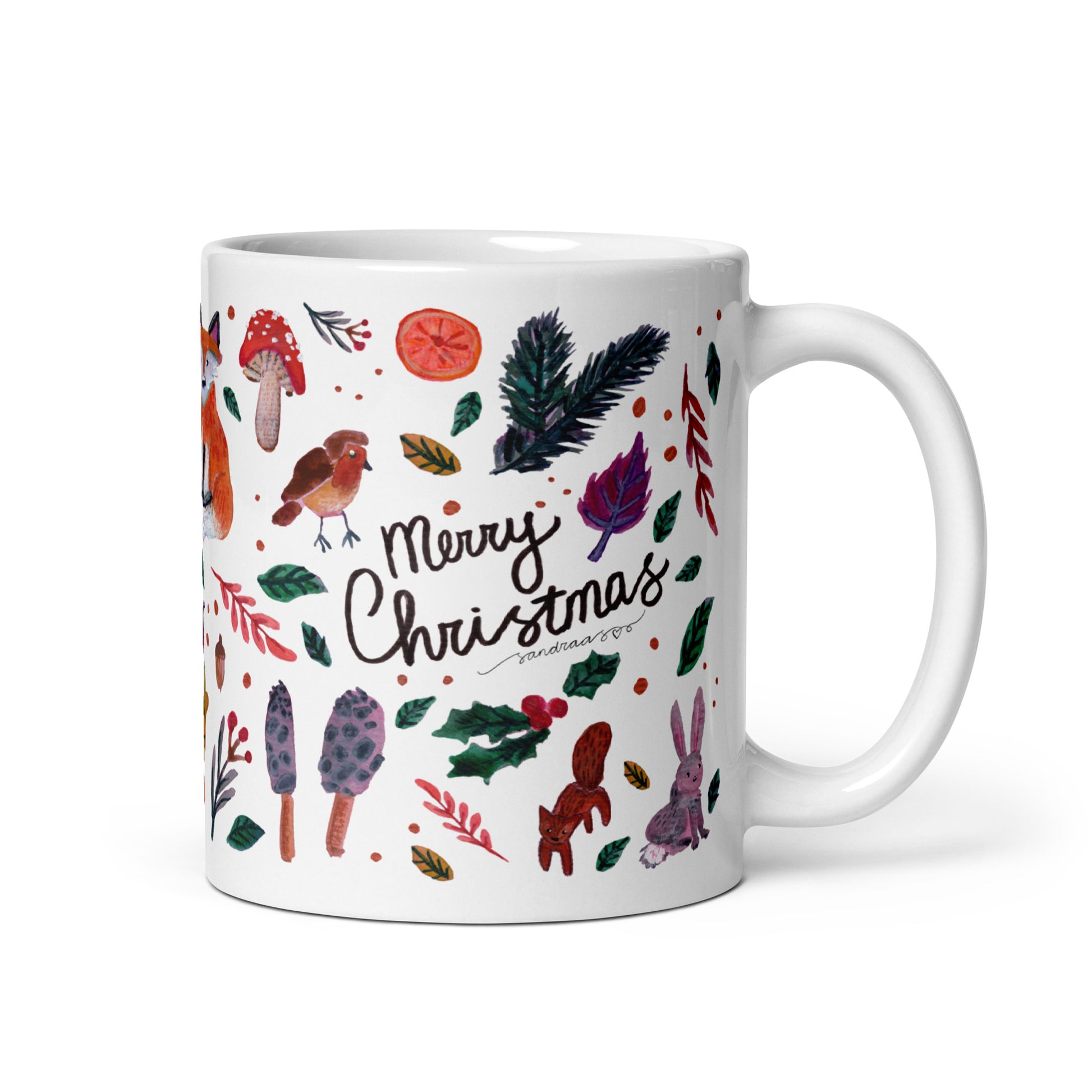 🎄 Merry Christmas Woodland Mug – Whimsical Watercolor Forest Animals, Leaves & Mushrooms 🍄🦌✨ Glossy Ceramic Holiday Mug - SANDRAAS