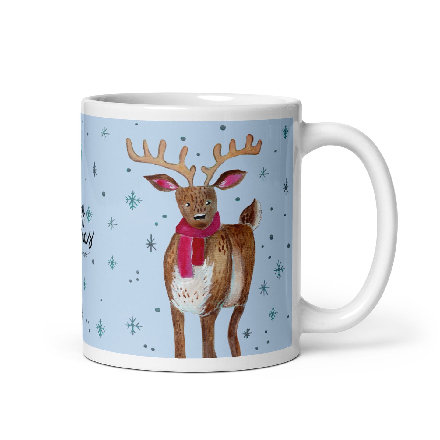 🎄 Merry Christmas Deer Mug – Whimsical Watercolor Deer in Cozy Shawl on Blue Background 🦌💙✨ Glossy Ceramic Holiday Mug - SANDRAAS
