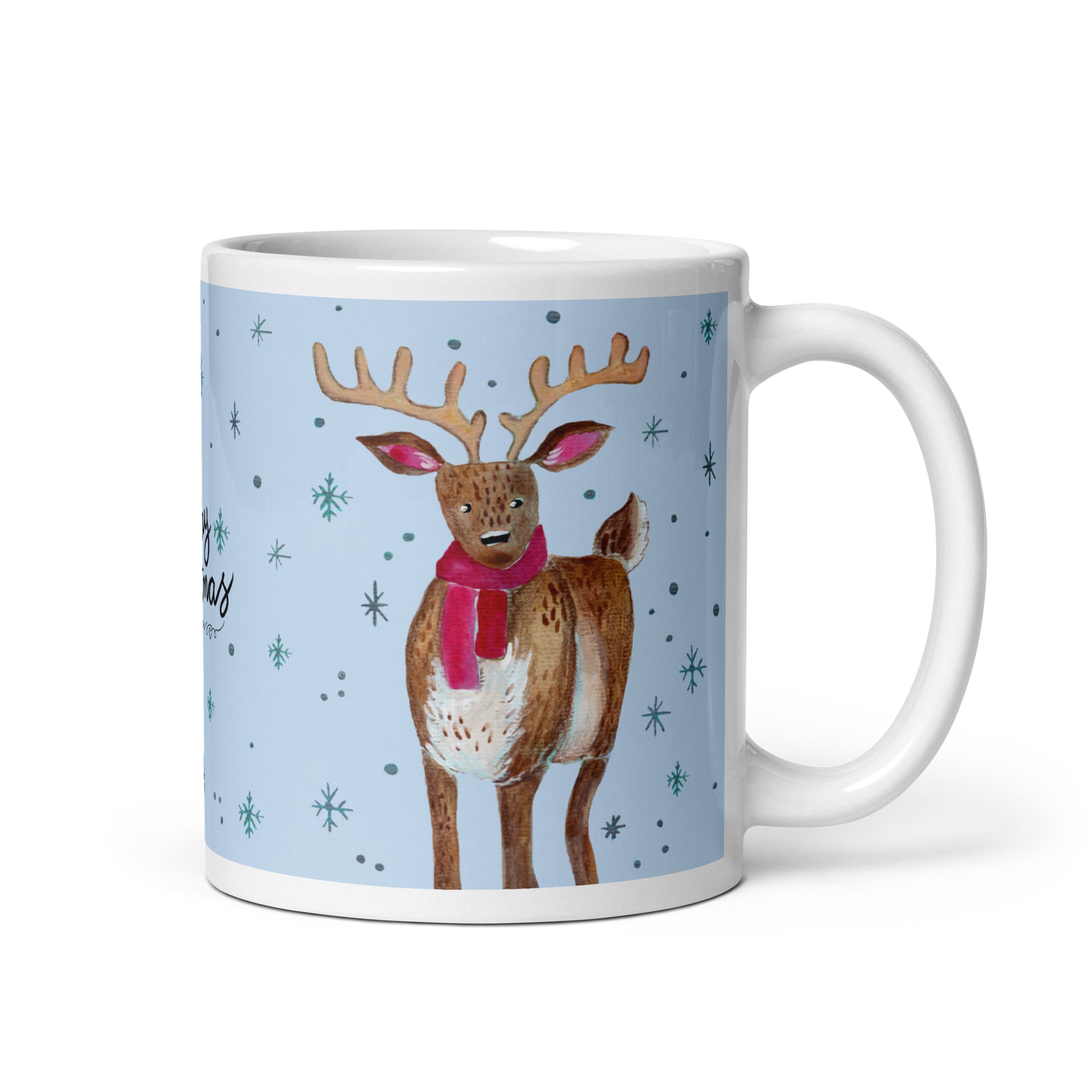 🎄 Merry Christmas Deer Mug – Whimsical Watercolor Deer in Cozy Shawl on Blue Background 🦌💙✨ Glossy Ceramic Holiday Mug - SANDRAAS