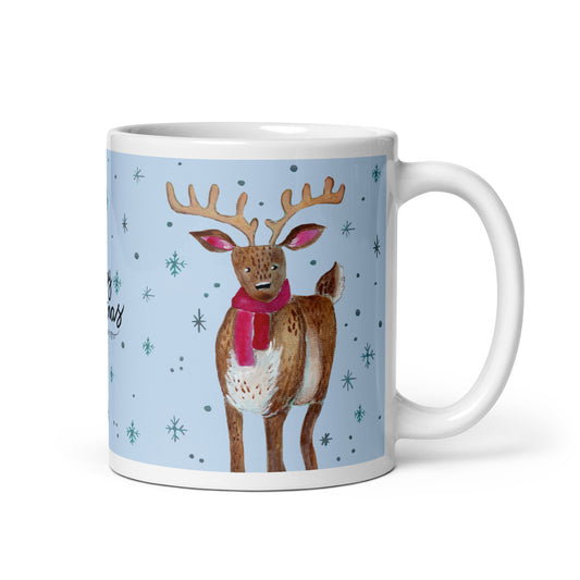 🎄 Merry Christmas Deer Mug – Whimsical Watercolor Deer in Cozy Shawl on Blue Background 🦌💙✨ Glossy Ceramic Holiday Mug - SANDRAAS