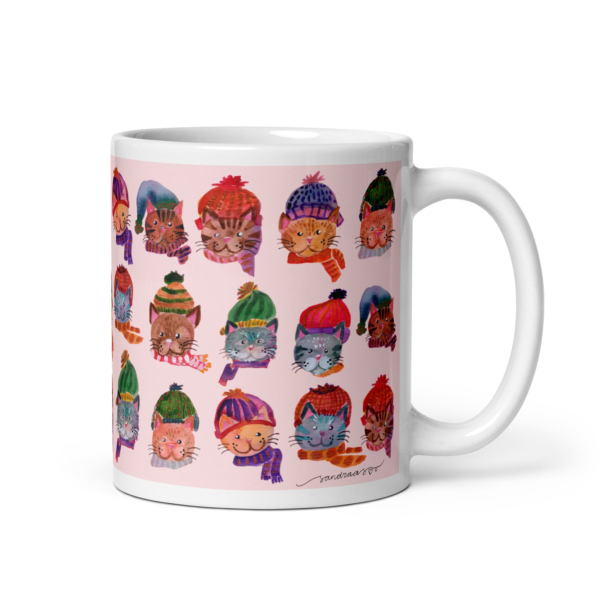 🎀 Cozy Cat Heads Mug – Whimsical Watercolor Cats in Knitted Hats & Scarves 🐱🧣✨ Pink Background | Glossy Ceramic Mug - SANDRAAS