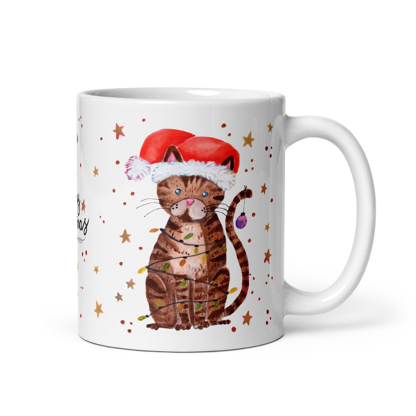 🎄 Merry Christmas Cat Mug – Whimsical Watercolor Cat in Santa Hat Wrapped in Christmas Lights 🐱✨ Glossy Ceramic Holiday Mug - SANDRAAS