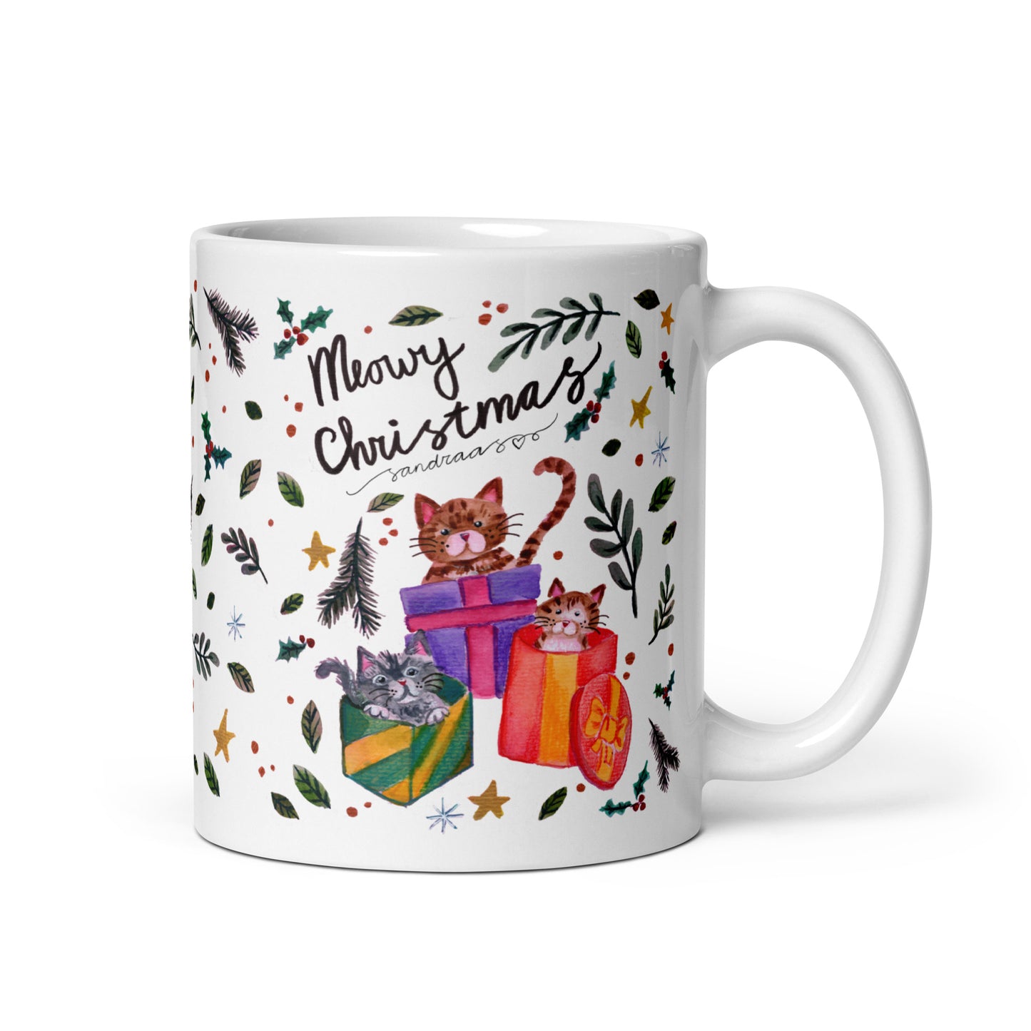 🎄 Meowy Christmas Cat Mug – Whimsical Watercolor Cats in Christmas Sweaters & Gift Boxes 😺🎁✨ Glossy Ceramic Holiday Mug - SANDRAAS
