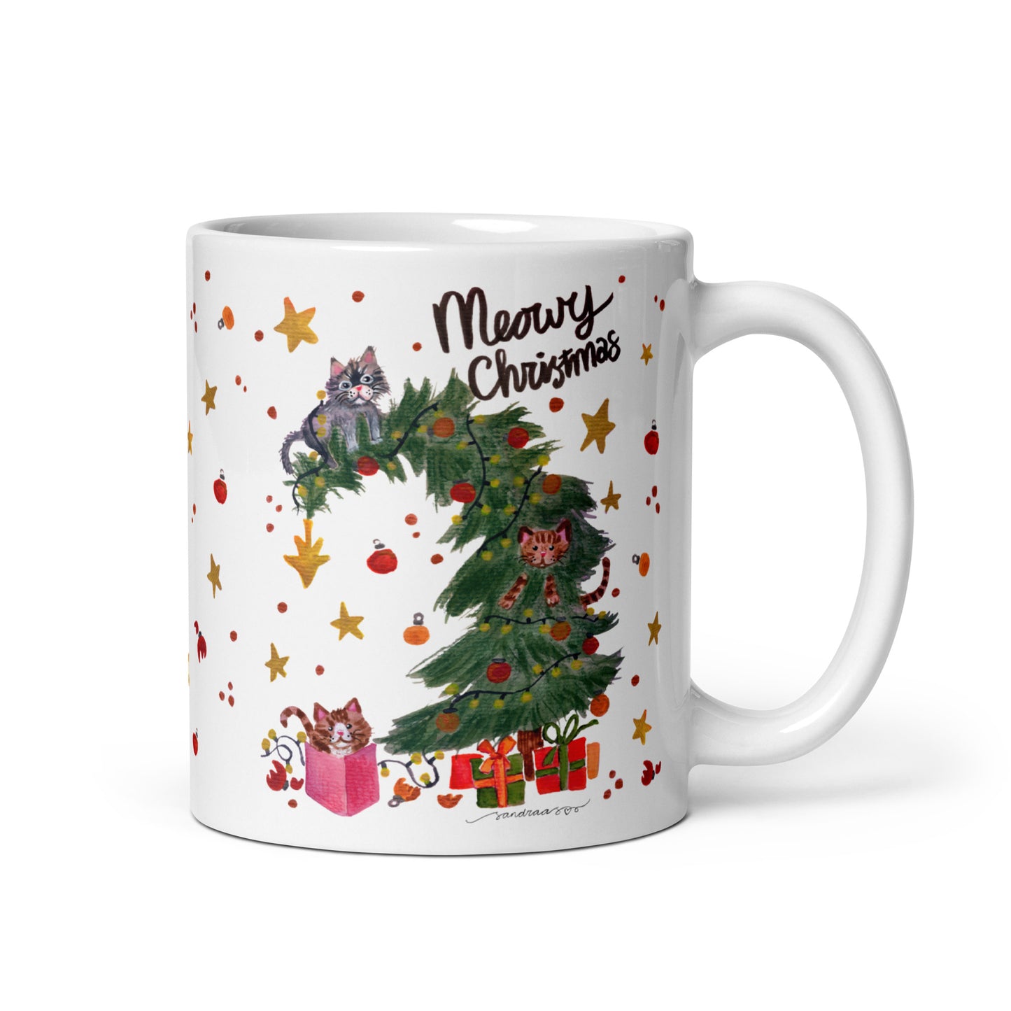 🎄 Meowy Christmas Cat Mug – Whimsical Watercolor Cats Playing in the Christmas Tree 😺🌲✨ Glossy Ceramic Holiday Mug - SANDRAAS