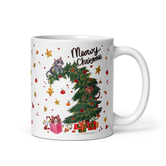🎄 Meowy Christmas Cat Mug – Whimsical Watercolor Cats Playing in the Christmas Tree 😺🌲✨ Glossy Ceramic Holiday Mug - SANDRAAS