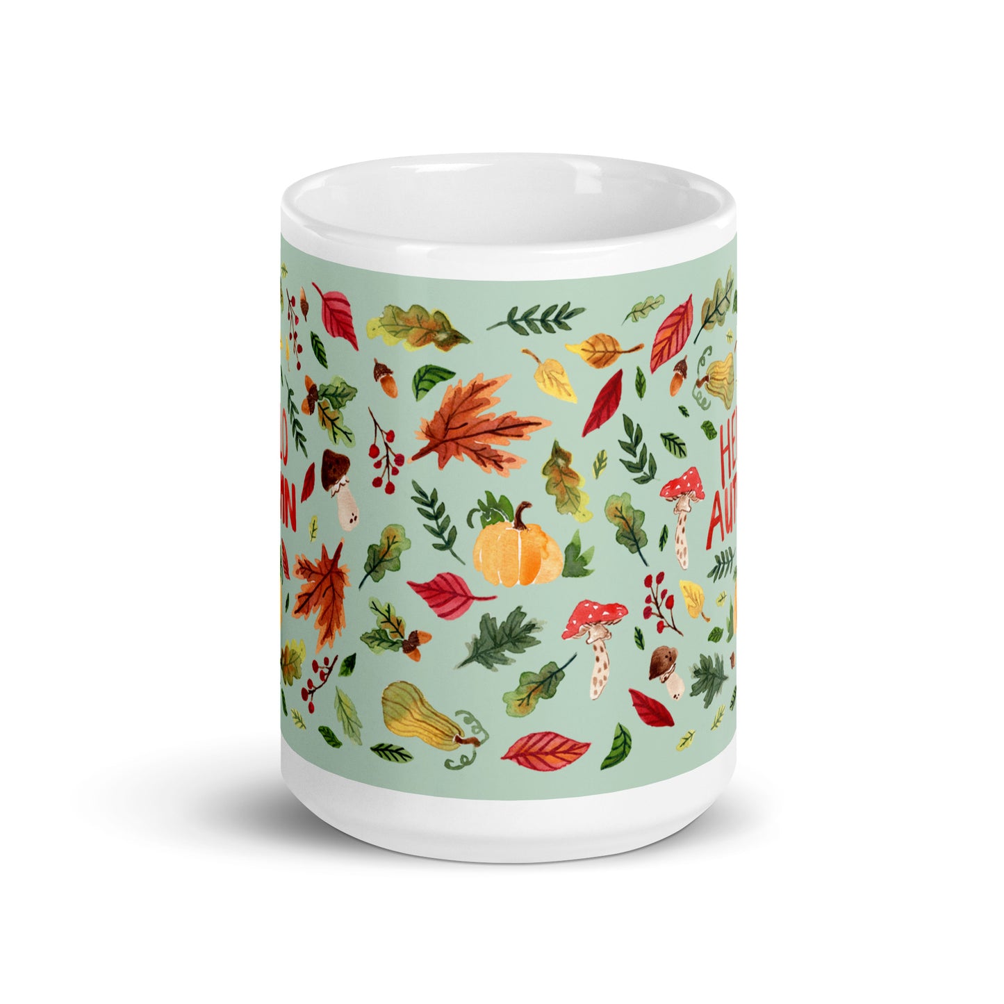 White glossy mug - Hello Autumn - Green