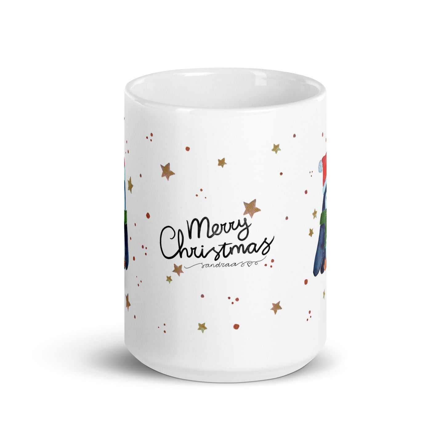 🎄 Merry Christmas Penguin Mug – Whimsical Watercolor Penguin in Green Scarf & Santa Hat 🐧✨ Glossy Ceramic Holiday Mug - SANDRAAS